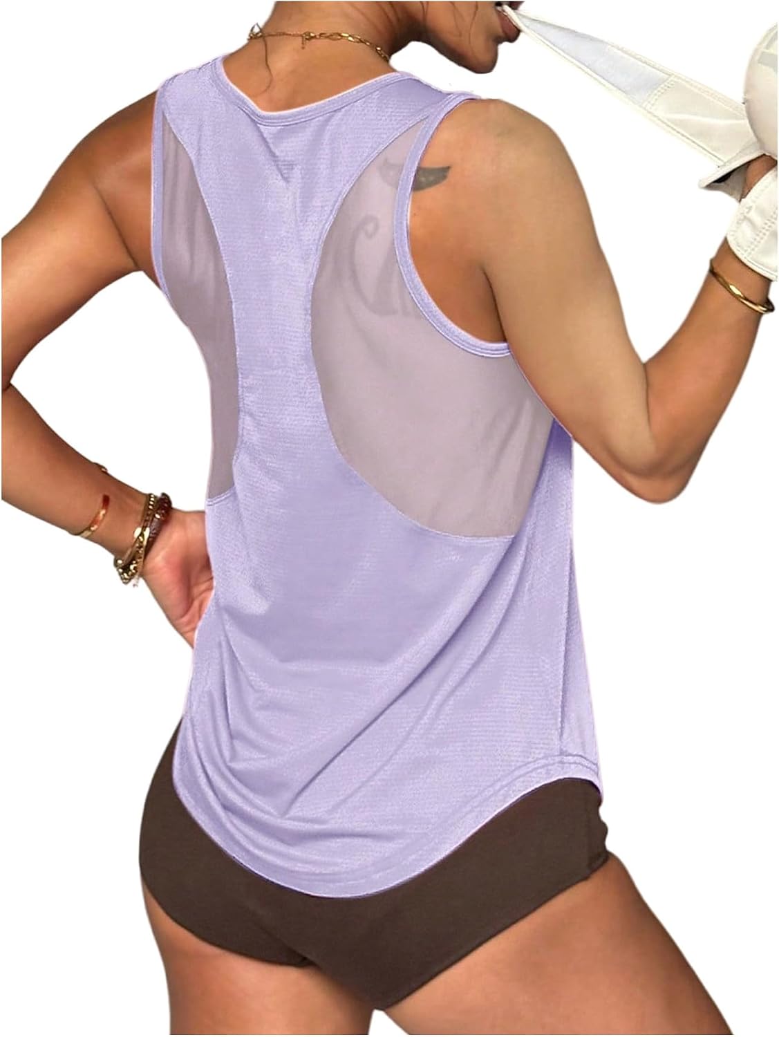 OYOANGLE Women's Athletic Running Workout Tank Top Sleeveless Gym Sports Tops Curve Hem Mesh Sheer Activewear Shirts