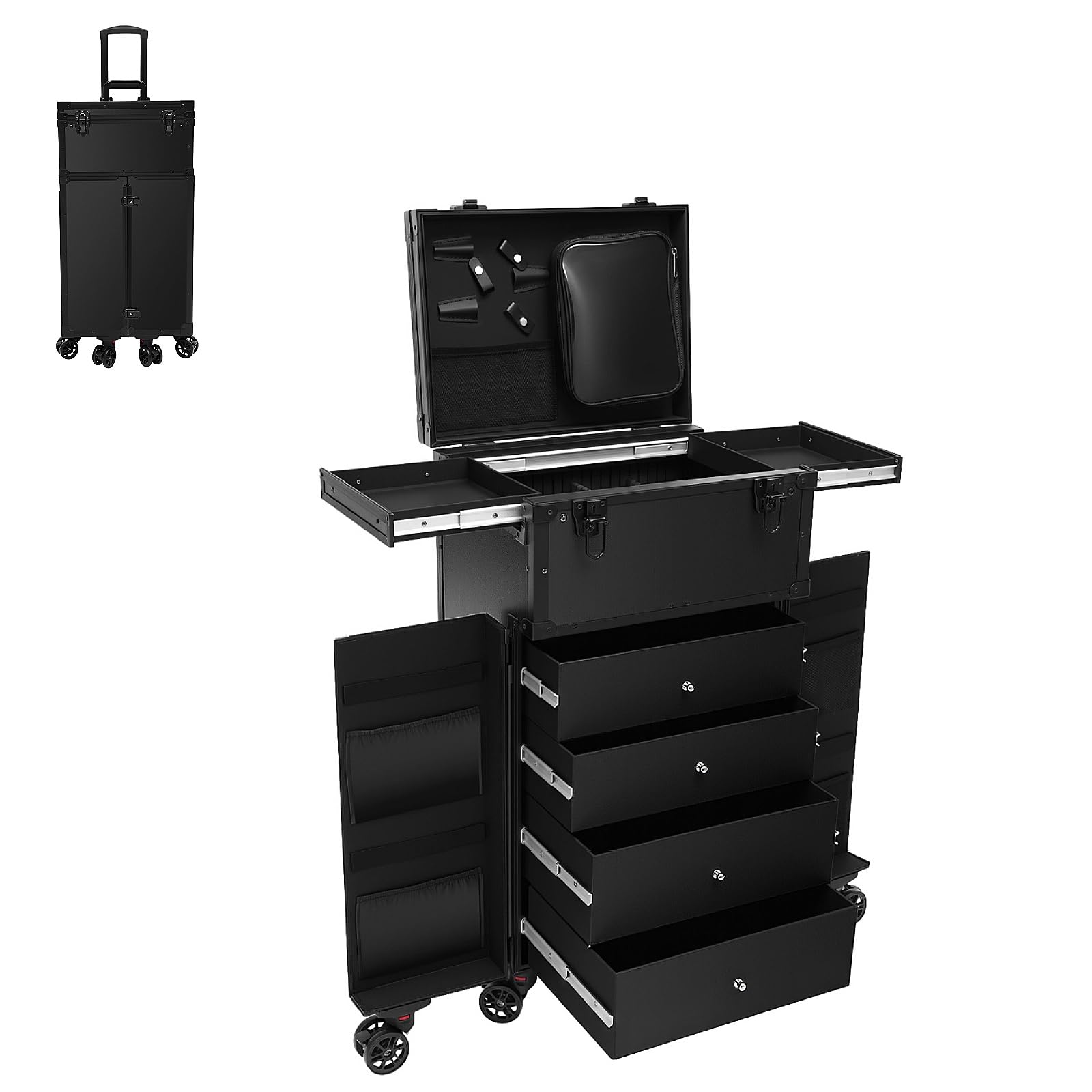 Professioneller Kosmetikkoffer Trolley Friseur Koffer mit 4 Schubladen, 6 Rollen, 4 Schlüssel Kosmetik Trolley Friseurkoffer Schminkkoffer Damen Make Up Koffer für Reisen, Visagist