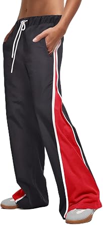 Panadila Women Wide Leg Track Pants Y2K Parachute Pants | Elastic Waist Baggy Pants, High Waisted Trousers, Color Block, Striped, Drawstring, Activewear, Hip Hop Dance Outfits