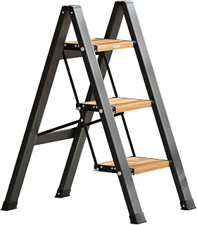 Folding 3 Step Ladder Woodgrain Aluminum Kitchen Step Stool, Anti-Slip Pedal, Portable Lightweight Closet Ladders for Home Adults, 330 Lbs