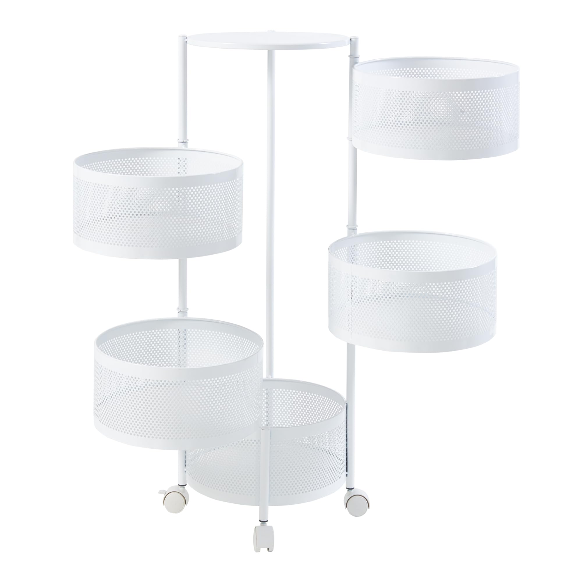 [en.casa] Carro de Servicio con 5 Cestas Redondas Carrito de Cocina Baño con 4 Ruedas Carrito de Verduras con Paredes Perforadas y 4 Cestas Superiores Giratorias Acero 90xØ33cm - Blanco