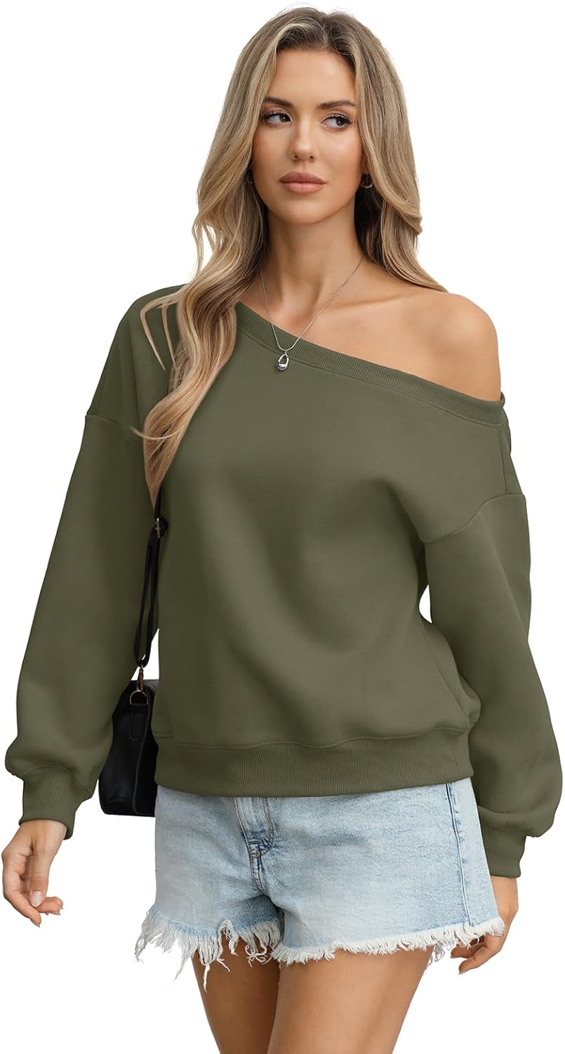 Womens Fleece Sweatshirts Oversized Off The Shoulder Pullover Tops Casual Long Sleeve Comfy Fall Outfits 2026 - Image 2