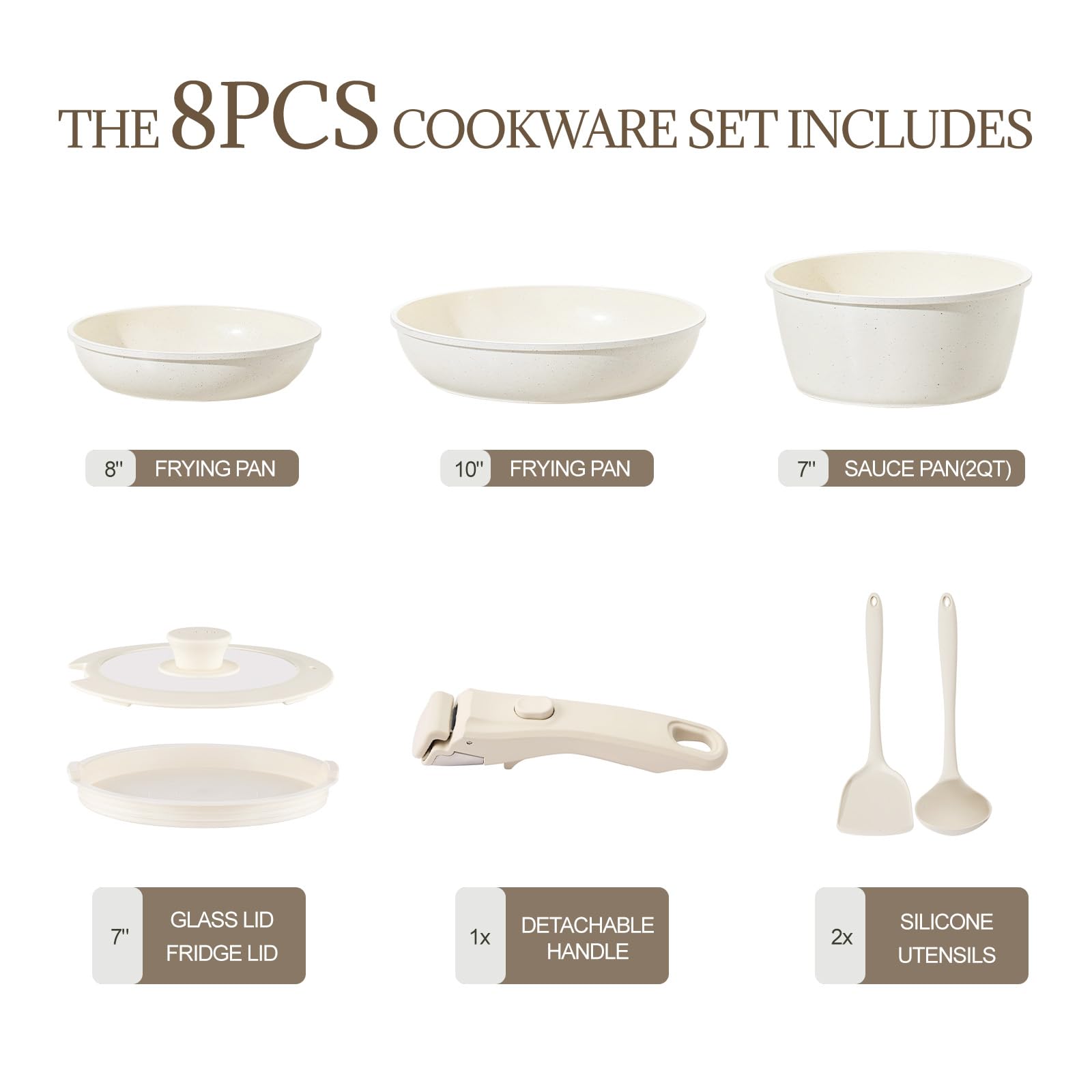 Ceramic Cookware Set Non Stick 8Pcs Pots and Pans Set Detachable Handle Induction Kitchen Cooking Set with Frying Pans Oven Dishwasher Safe, PFAS/PFOA Free, Cream White