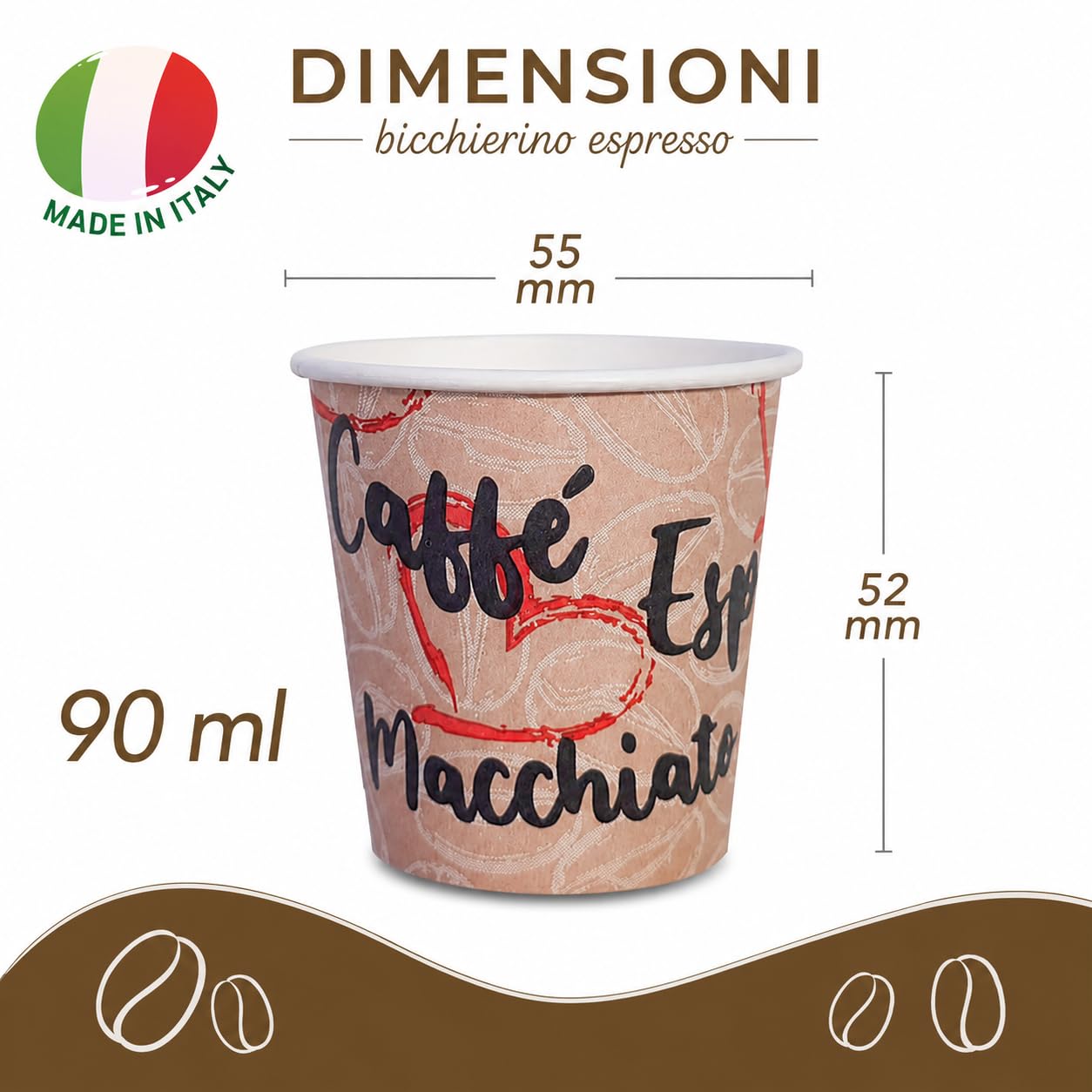 Caffetti 150 Bicchierini Caffè Carta 90 ml Made in Italy, 3 Stecche da 50 Bicchieri Monouso per Espresso, Tazzine Usa e Getta per Bar, Ufficio, Asporto, Bevande Calde, Tema Cuore