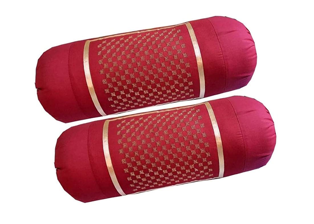 FABZIFABZI Pair Cotton Bolster Covers with Computerised Embroidery(Standard__Red)_FBA-Diamond Bolster--Red