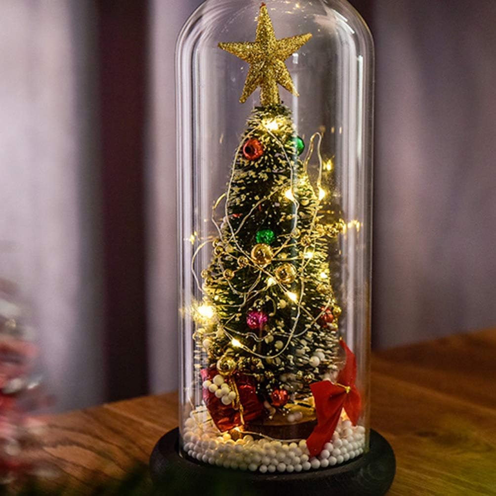 Christmas Tree in Glass Dome Tabletop Christmas Tree with Lights in Glass Dome for Xmas Home Indoor Room Christmas Decorations Desktop