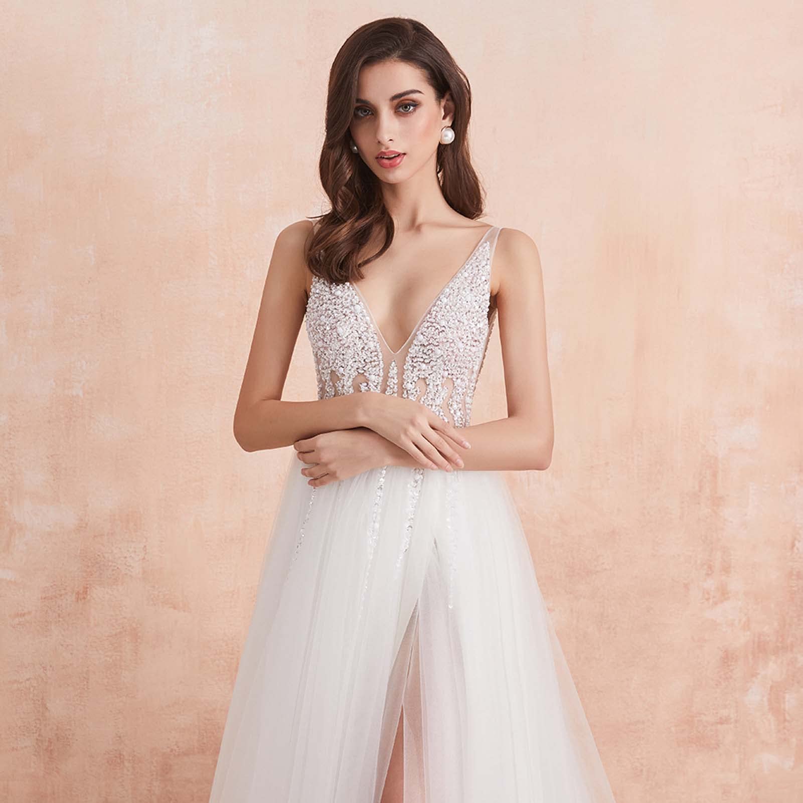 Vestido de Novia de Encaje de Playa, Vestido de Novia de Calcomanía con Cuello V Y Vestido de Novia de Dama de Honor, Blanco, 14