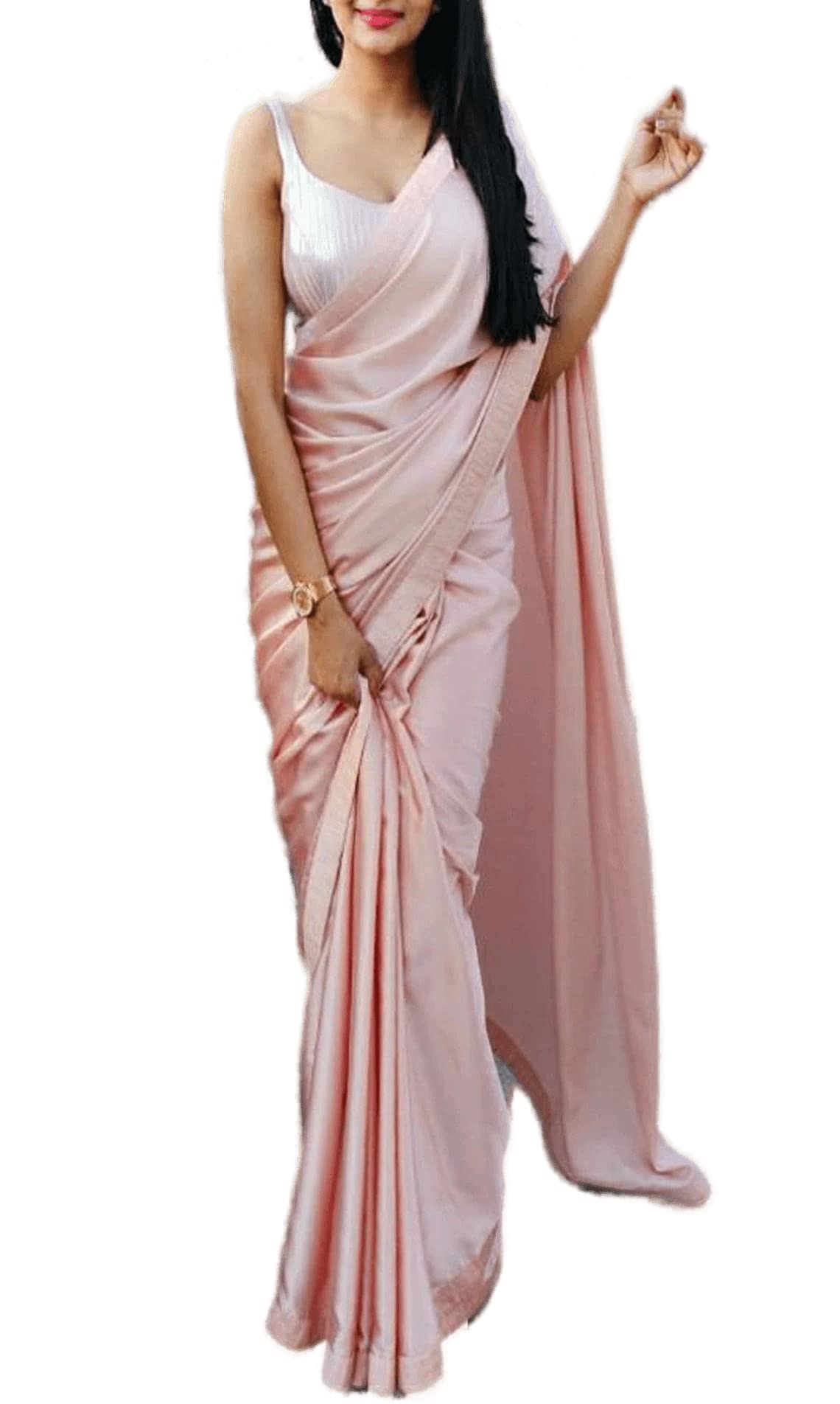 BE4ME.COMWomen's Partywear Satin Silk Saree - Matching Plain Bridesmaid Partywear
