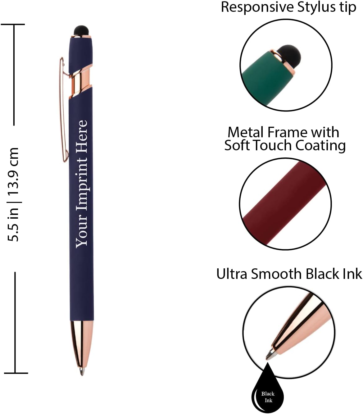 ExpressDesigns™ - Rose Gold Premium Custom Pens with Stylus | Rose Accent | Personalized Soft Touch Metal Printed Name Pens w/Black Ink - Imprinted w/Message - 12 pcs/pack (Blue)