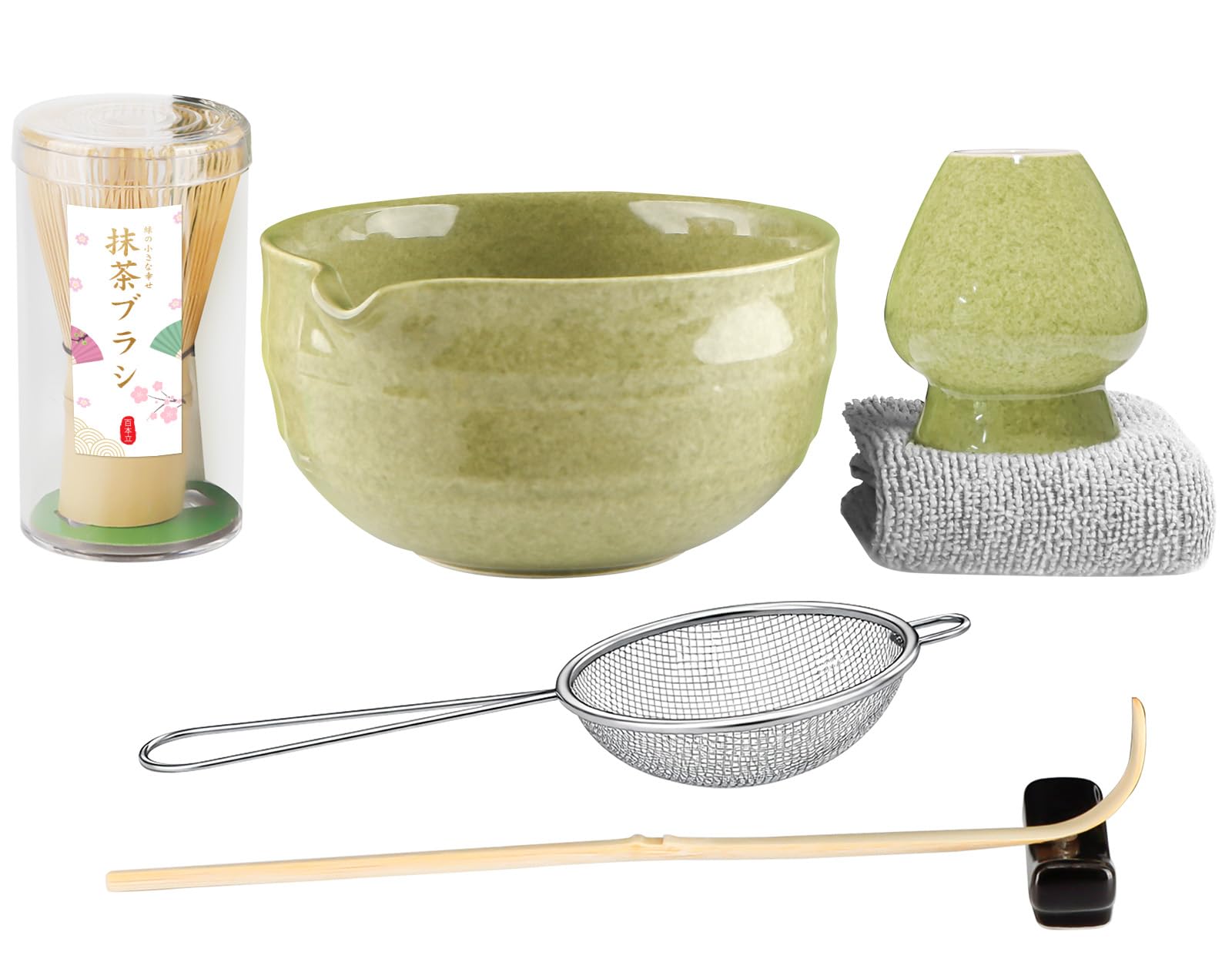 7pcs Matcha Set, Matcha Whisk Set - Matcha Whisk Bamboo, Whisk Holder, Matcha Bowl with Pouring Spout, Scoop, Sifter, Absorbent Cloth - Japanese Tea Ceremony Set for Home Use or as a Gift, Green