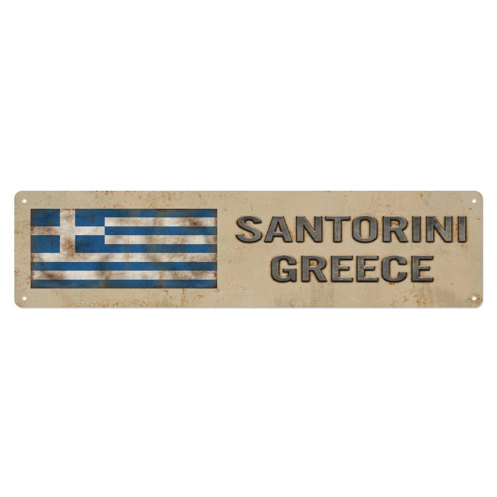 Metal Tin Sign Vintage Santorini Greece Flag Decor Rustic Travel