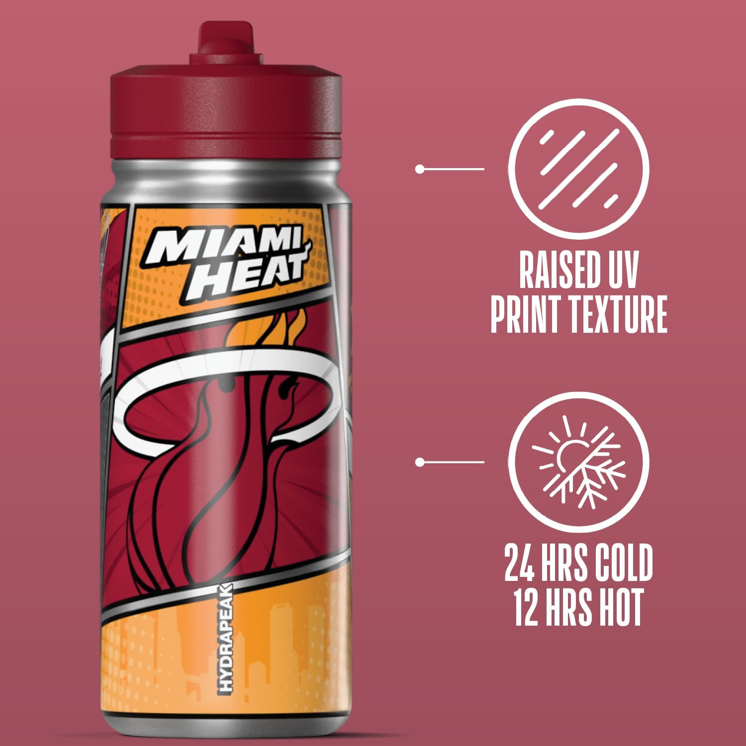 Hydrapeak x NBA Miami Heat 20 oz Stainless Steel Water Bottle, Officially Licensed Double Wall Insulated Sports Bottle with Straw Lid, Reusable Leakproof Gift for Kids & Adults