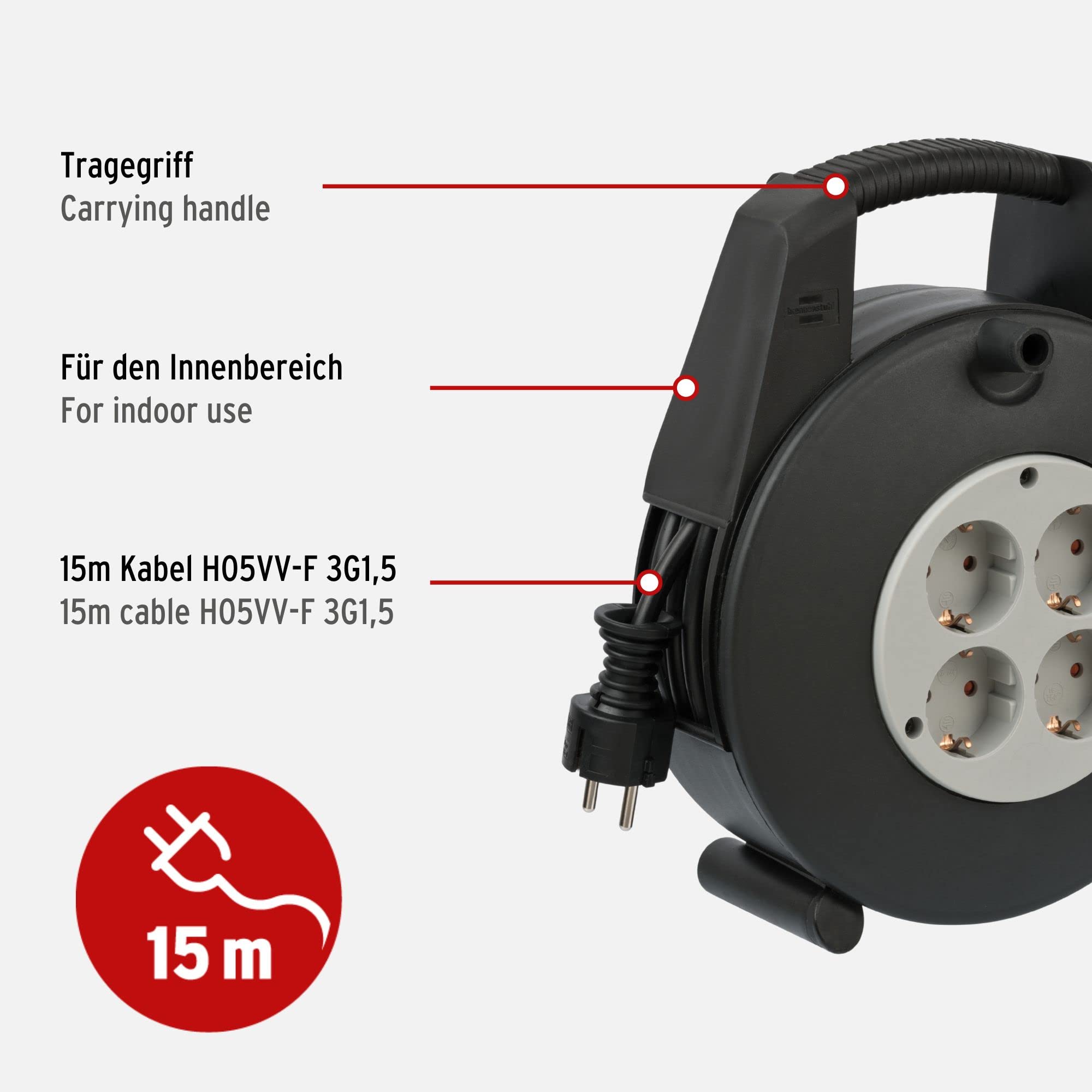 Brennenstuhl Vario-Line enrollacables doméstico con 4 enchufes (cable de 15 m, alargador enrollable, protección de corte térmico) negro/gris