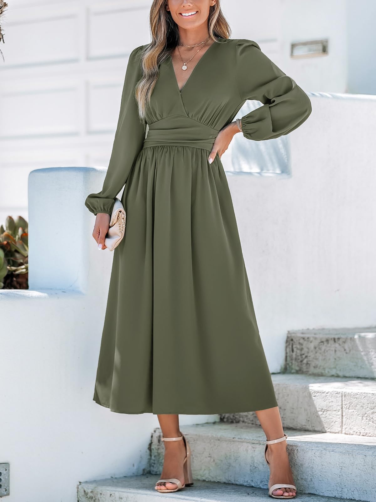 CUPSHE Vestidos de otoño para mujer, cuello en V, manga larga, túnica con abertura en la cintura, color sólido, acampanado, vestido casual midi