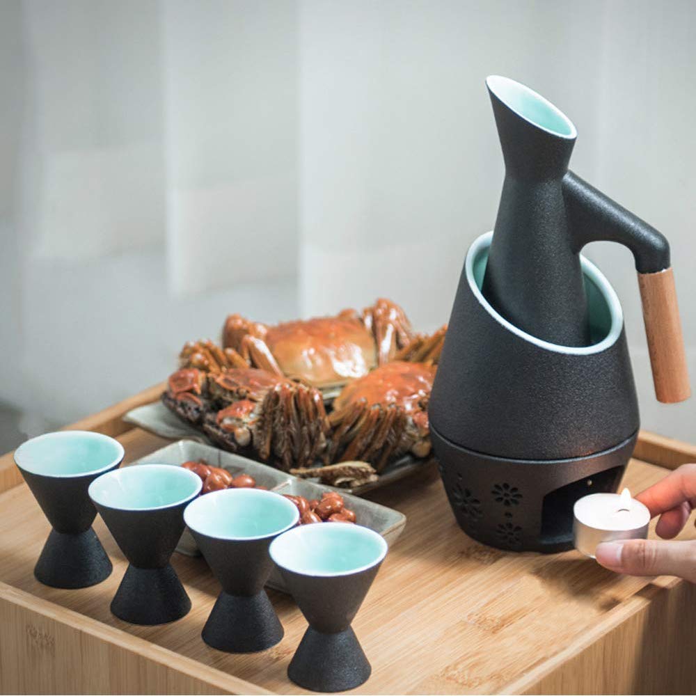 Juego de 7 Sake de cerámica con Olla para Calentar y Estufa de Vela, Textura pintoresca esmaltada en Negro, Estilo Tradicional japonés, Juego de Regalo para Servir Sake