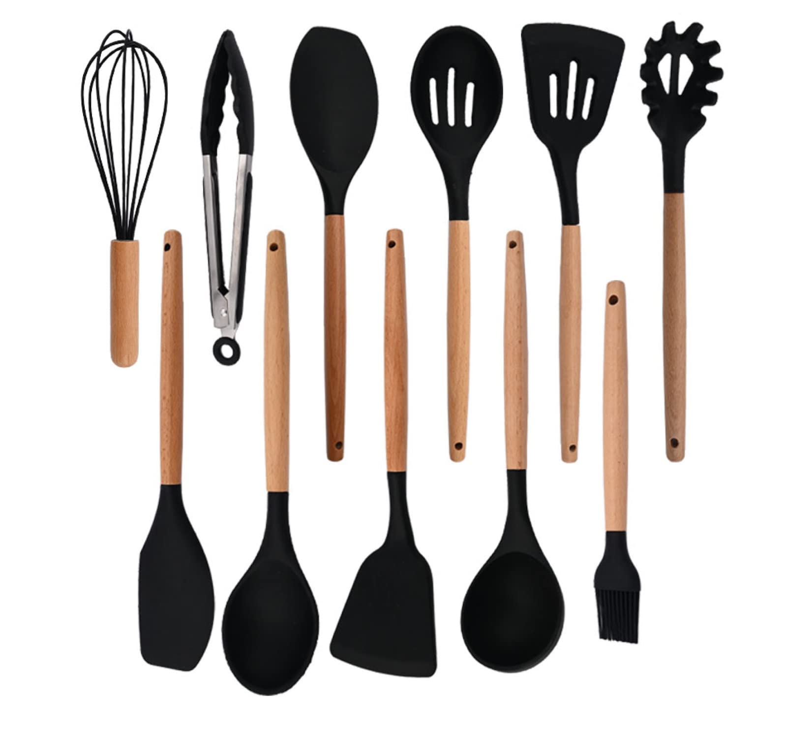 GTHTUHFD Cooking Spatulas And Spoons,Spoon Setcooking Utensils Set Silicone Kitchen Utensil Nonstick Cooking Utensils Wooden Handle Cookware Baking Gadget Set,Black 11pcs