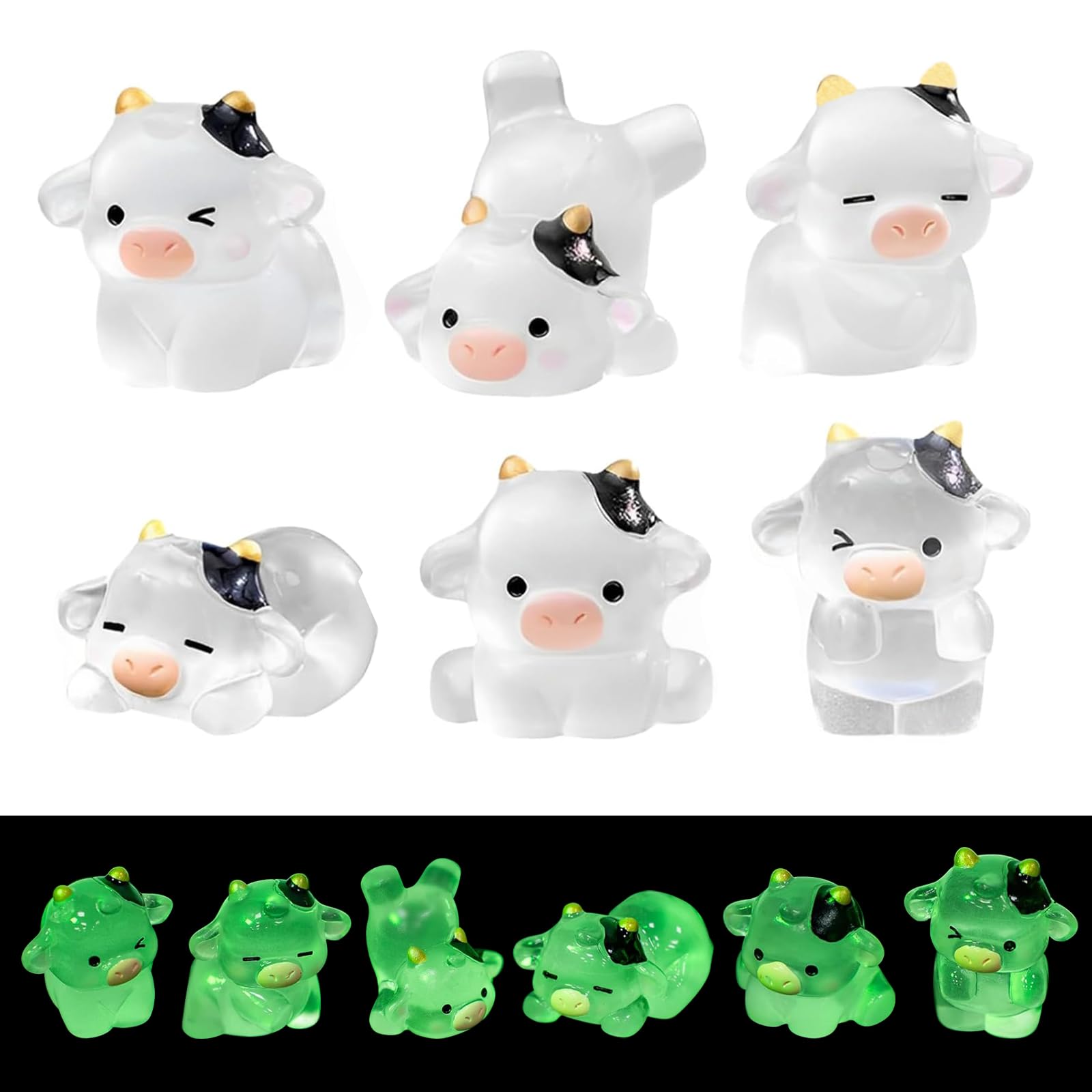 Ethlomoer Mini Cow Figurines - 6PCS Glow in The Dark Animals, Noctilucent Tiny Resin Animals for DIY Garden Landscape & Car Dash Decoration, Miniature Resin Figures Desktop Ornament