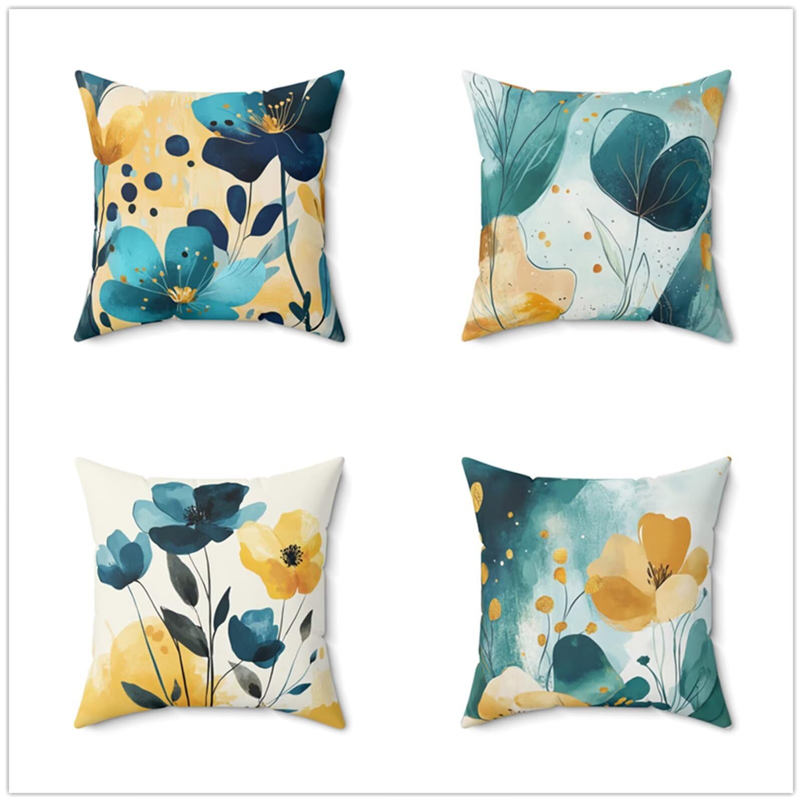 Heaen Outdoor Cushions Covers Waterproof 35x35 cm Set of 4 Square Linen Pillow Cases Green Flowers Decorative Dushions for Sofa Porch Patio Home Decor