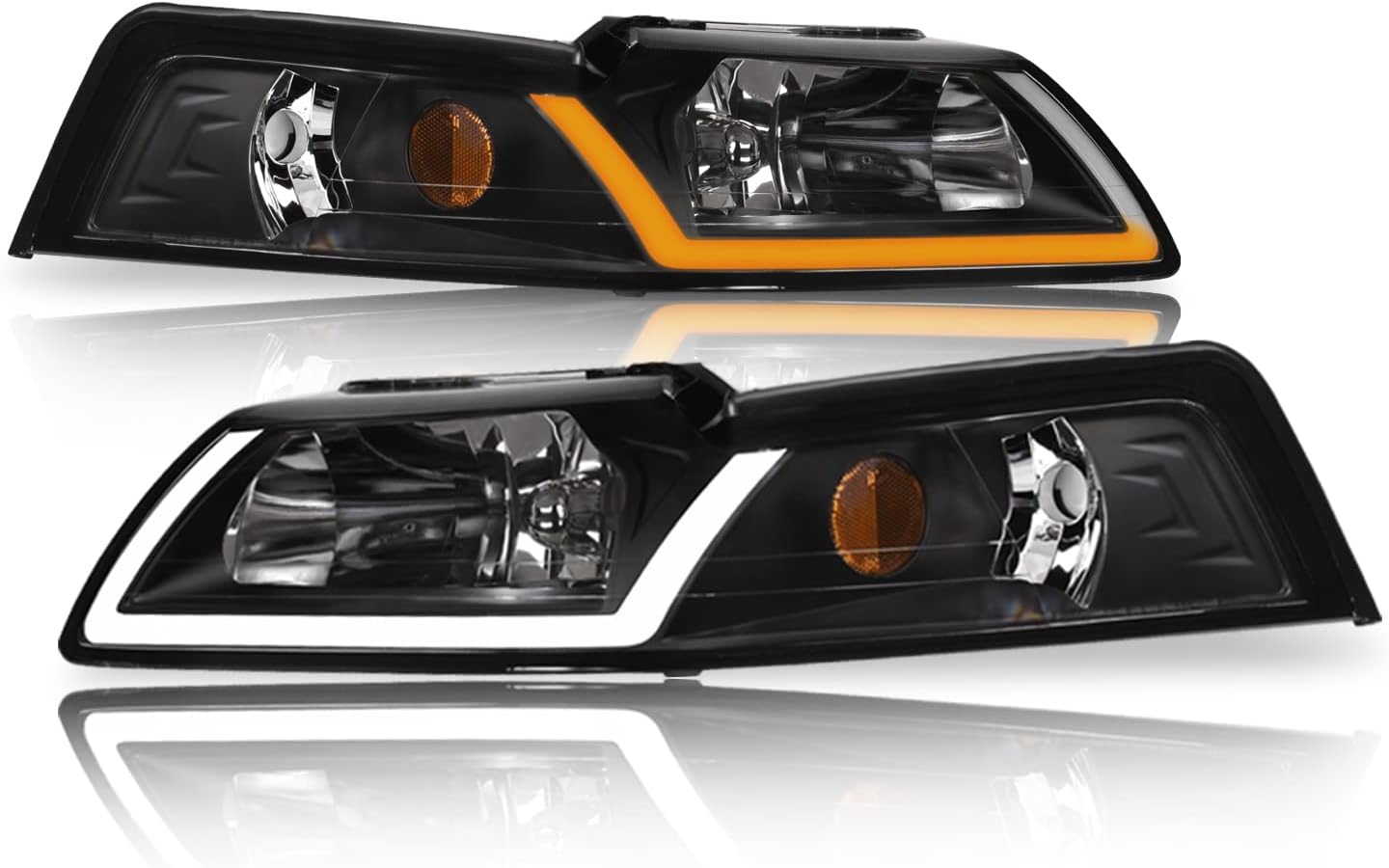 Alpha Owls 8719749 Crystal Headlights With Switchback Sequential LED Light Bar & Startup Light - Black Amber Fits 1999-2004 Ford Mustang