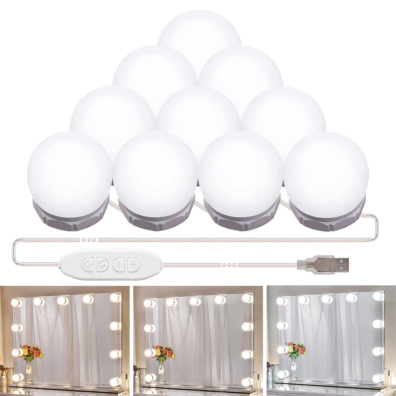 KASTWAVE Hollywood LED Vanity Lights Strip Kit, with 10 Dimmable Light Bulbs, Makeup Vanity Light, 3 Color Modes, for Full Body Length Mirror Dressing Bathroom Wall Mirror (Mirror Not Included)