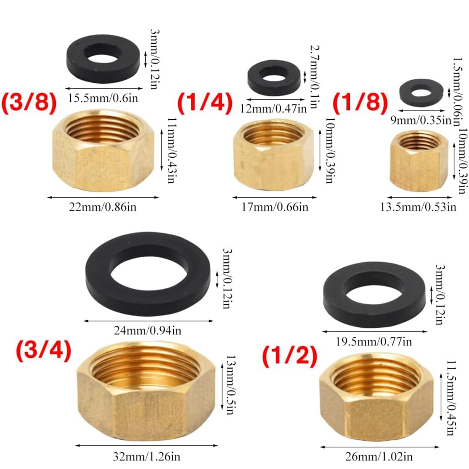 5pcs Brass Blanking Caps 1/8 1/4 3/8 3/4 1/2,Internal Thread Spigot with 6 Sealing Washers,Durable Brass Construction,Radiator Blanking Cap for Washing Machine & Sink Waste Pipe - Image 2
