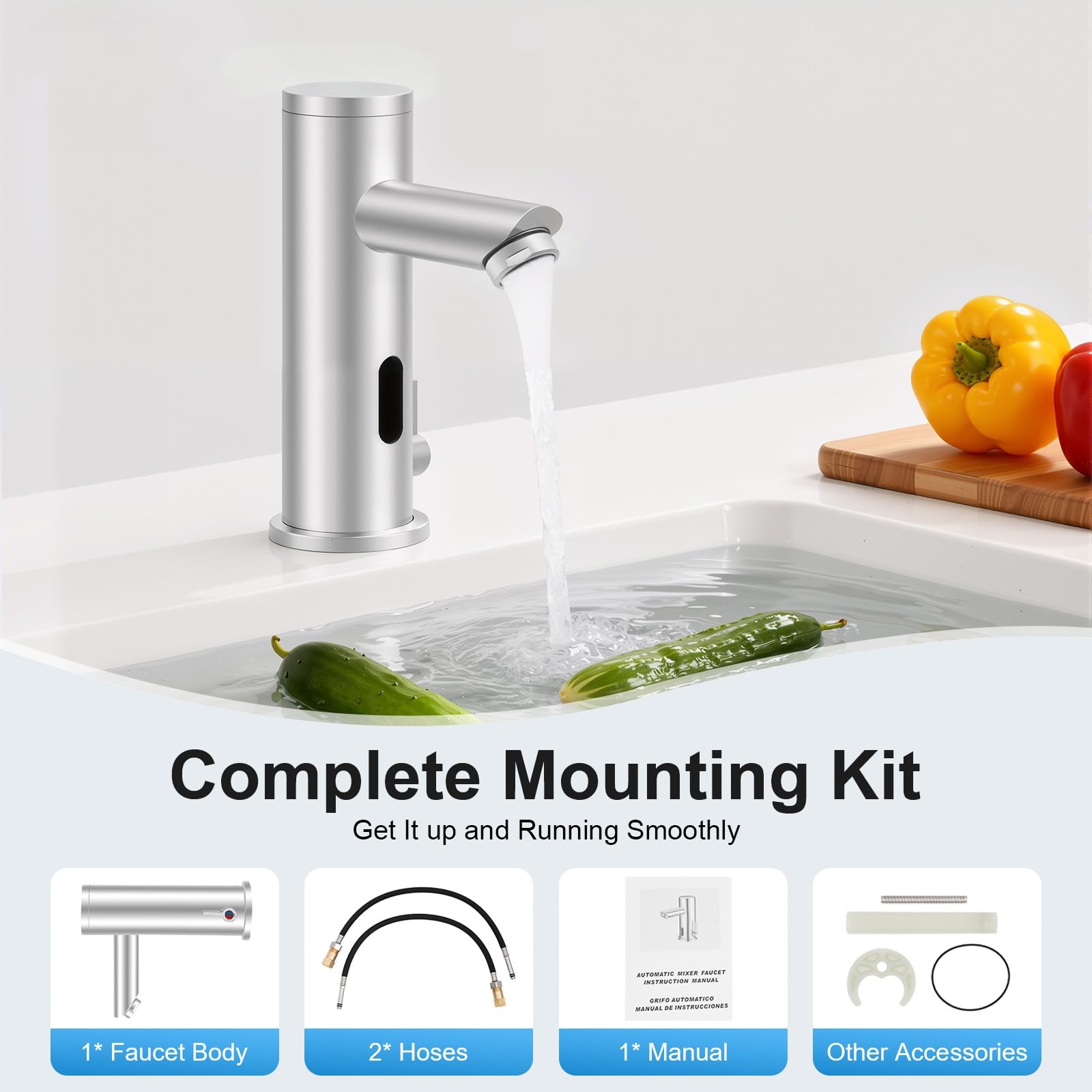 MINRS Rubinetto automatico con sensore a infrarossi, acqua fredda e calda, con sensore lavandino, rubinetto senza contatto, temperatura regolabile 0-55°C con 2 tubi, funzionamento a batteria