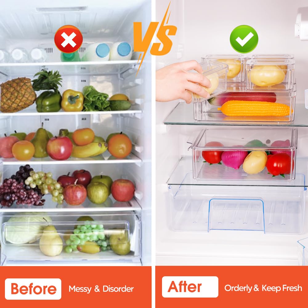 Juego de 7 organizadores de refrigerador apilables con tapas, juego de contenedores de almacenamiento de plástico transparente, frutas, verduras