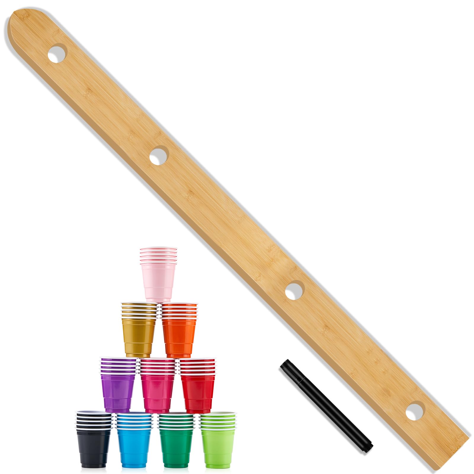4 Person Drinking Ski 57 x 3.9'' Vintage Wooden Shot Board with 50 Plastic Shot Glasses and Marker Rustic Retro Shot Board Ski for Gathering Birthday Party Camping Trip Wedding (Natural Color)