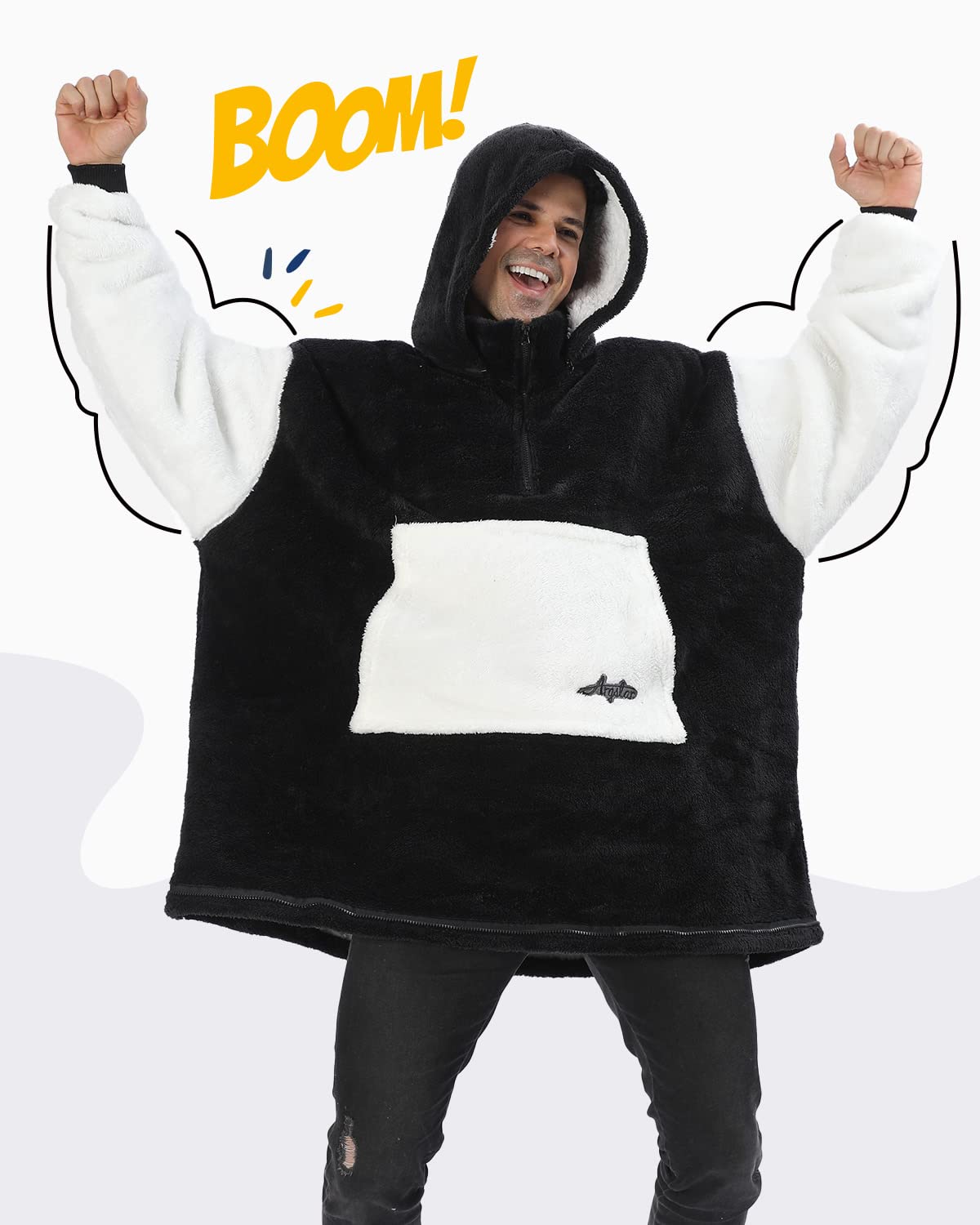 Argstar Coperta con Maniche Oversize Cappuccio da Donna e Uomo, Coperta Portatile Sherpa per Adulti Comoda Calda Felpa Cappuccio con Tasca Profonda Manica Elastica (Nero Ispessito Allungato)