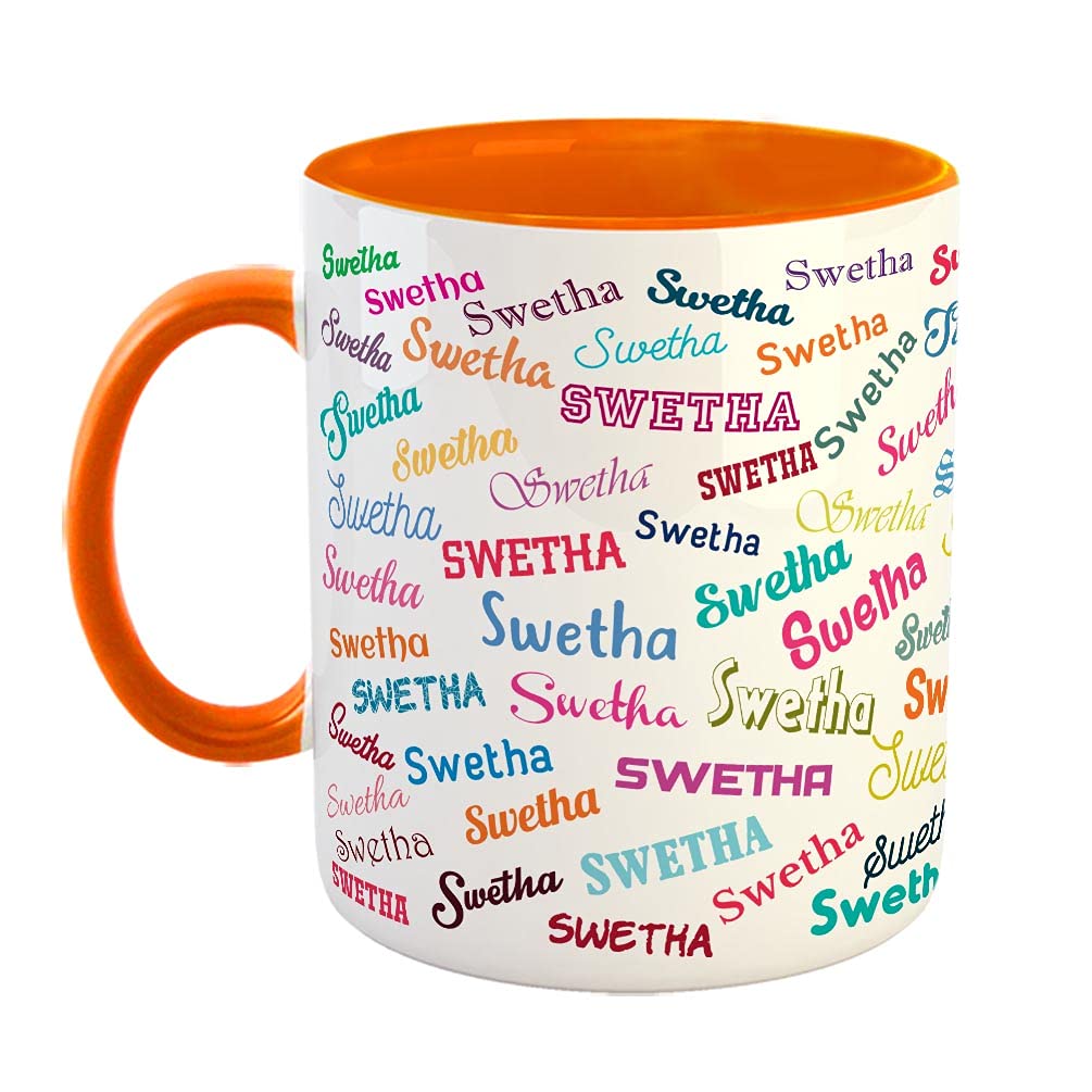 FurnishFantasy Personalised Happy Birthday Ceramic Coffee Mug - Best Birthday Gift for Son, Daughter, Brother, Sister, Gift for Kids, Return Gift - Color - Orange, Name - Swetha
