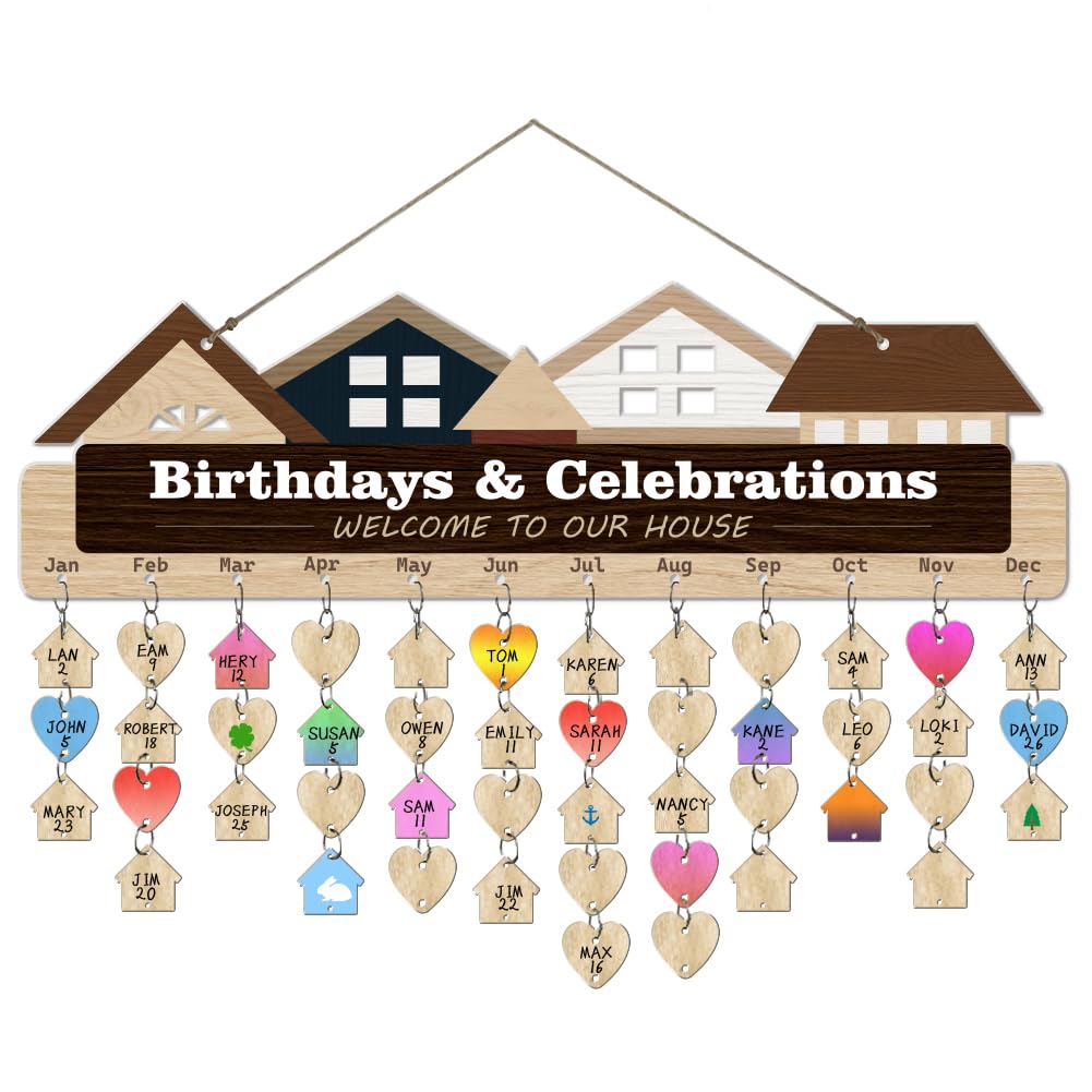 arricraft 1 Set Wooden Family Birthday Reminder Calendar Board, Birthdays & Celebrations Welcome to Our House Board With 100 Pcs Tags DIY Birthday Tracker Hanging Plaque for Home Decoration Friends