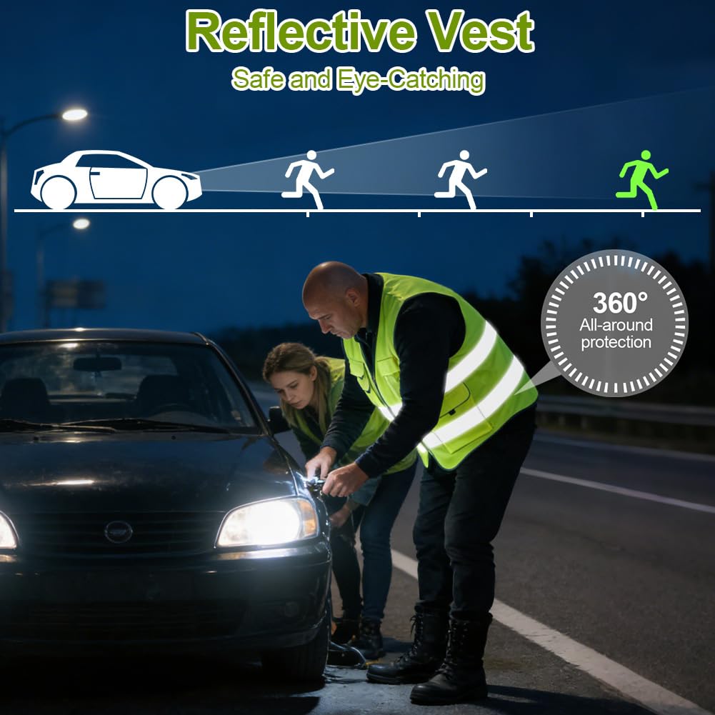 Chaleco de Seguridad Reflectante, Chaleco de Seguridad de Alta Visibilidad, Chaqueta de Chaleco Cremallera Brace Seguridad Teléfono Móvil Titular de Id de Bolsillo