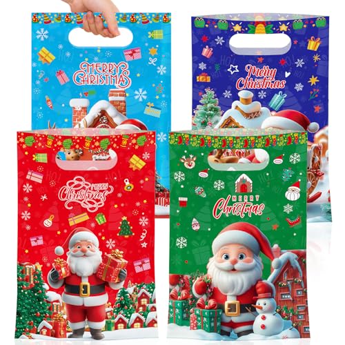 50 Pcs Merry Christmas Gift Bags with Handles-Cute Xmas Goodie Bag Santa Claus Plastic Goody Candy Cookie Snack Treat Party Favor Bags Bulk for Winter Holiday Christmas Party Supplies Favors 4 Style
