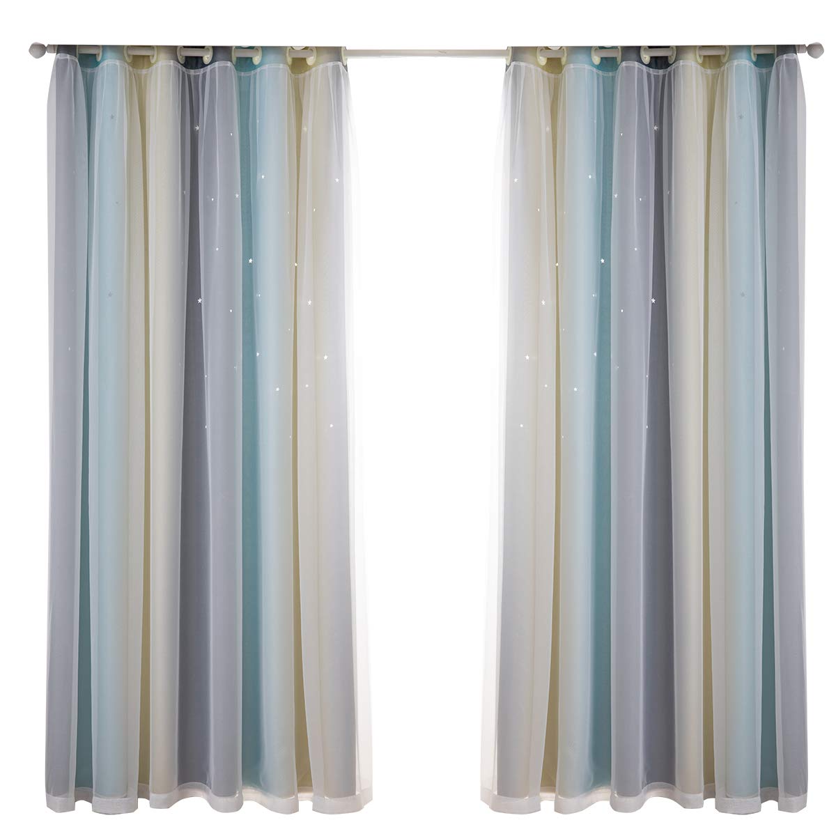 MIFXIN Kids Curtain Girls Bedroom Blackout Star Cutout Double Layer Curtain Grommet Top Star Colorful Window Curtain Decor for Kids Bedroom Living Room Nursery Room, 1 Panel (W52 X L63, Beige)