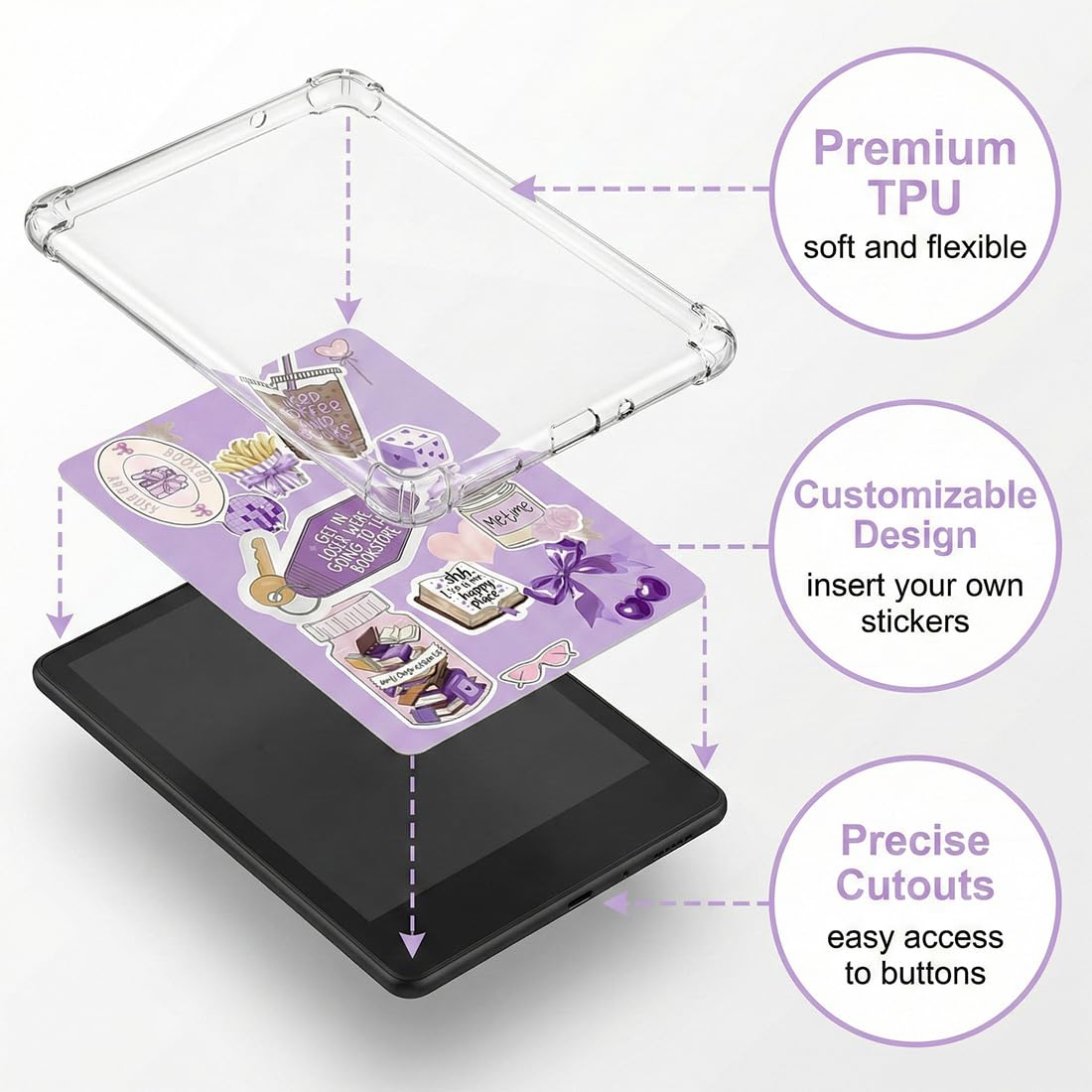 Custodia Kindle 7 Pollici, Silicone Trasparente Anti-Scratch, Per 12ª Generazione 2024 & Paperwhite 6/KPW6/K12 2024, Con Carte Retro di Lettura Viola