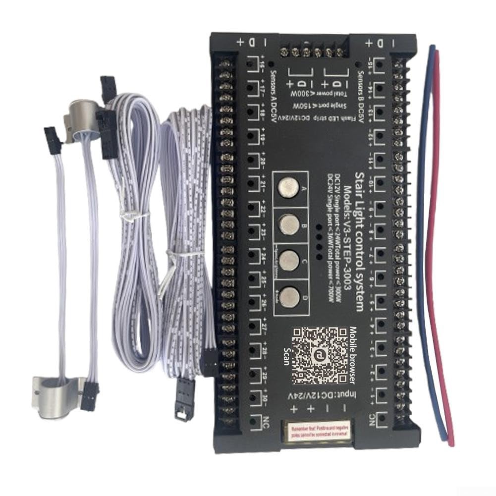 Kit controller per luci scale a 32 canali con sensore di movimento a LED per illuminazione gradini, 18 modalità di velocità e lunghezza regolabili, nero