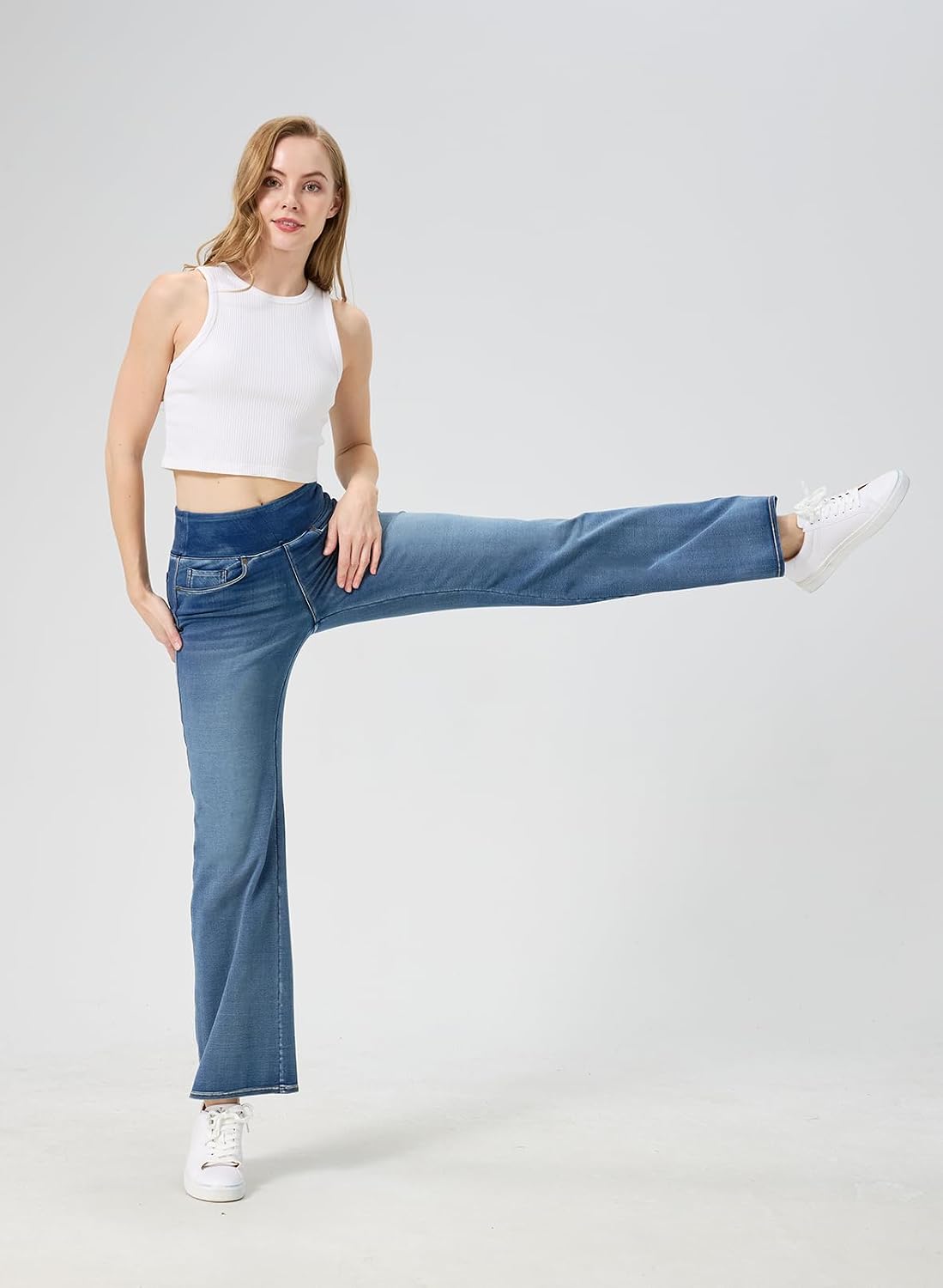 KYAL Women's High Waisted Wide Leg Pull-On Stretchy Jeans with Real Front Pockets, Baggy Casual Denim Pants