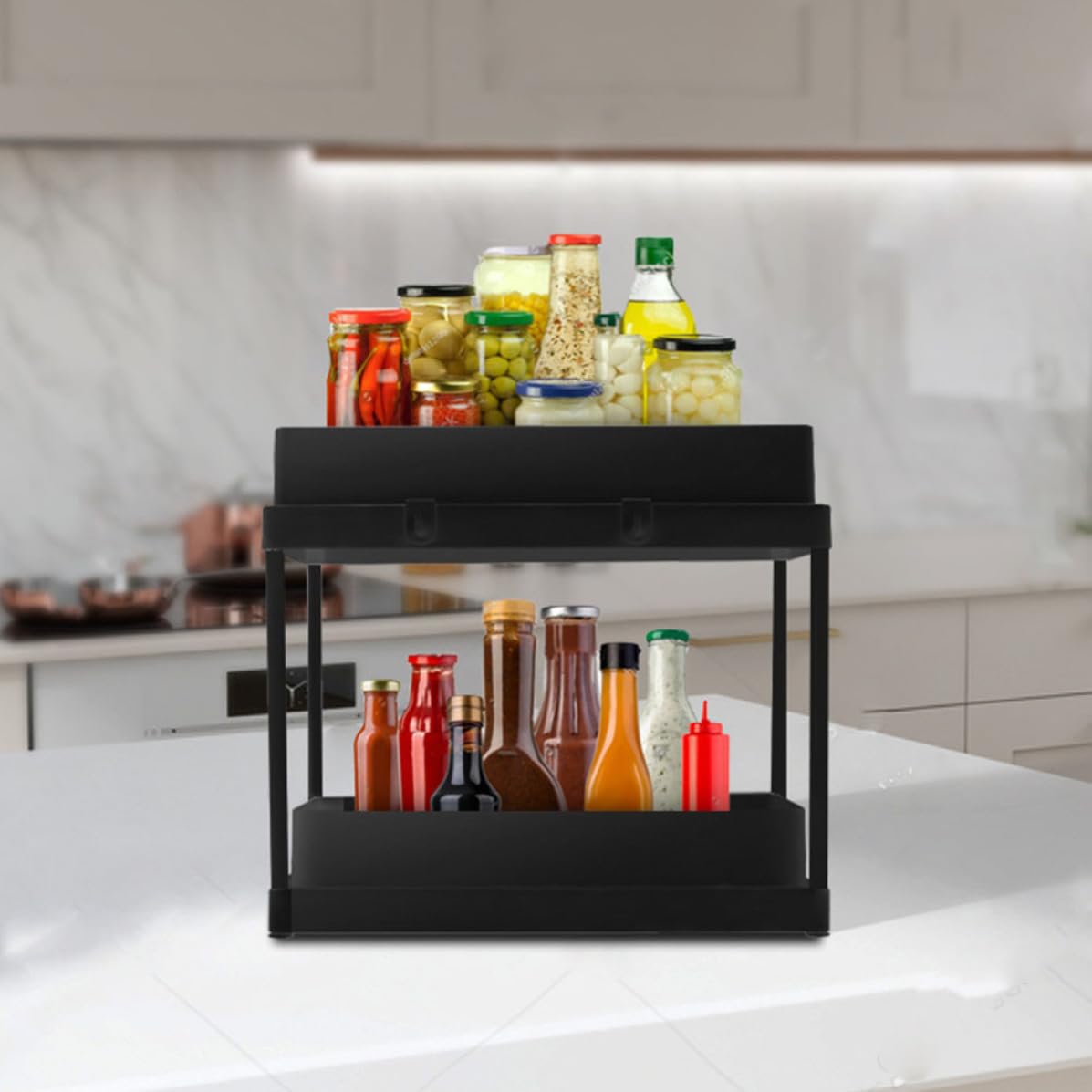 Organizer Sottolavello Cucina a 2 Livelli Scorrevole in ABS Nero