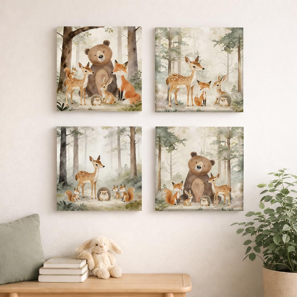 Artiluxy Forest Animal Canvas Wall Art Set of 4, 12x12 Inch Woodland Nursery Wall Decor, Cute Bear Deer Fox Bunny Hedgehog Prints for Kids Room, Baby Nursery & Playroom (Beige B)