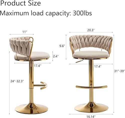 Miniatura 3 de Juego de 2 taburetes de bar de terciopelo, taburetes de bar de altura de mostrador con respaldo bajo, taburete de bar giratorio dorado para isla de