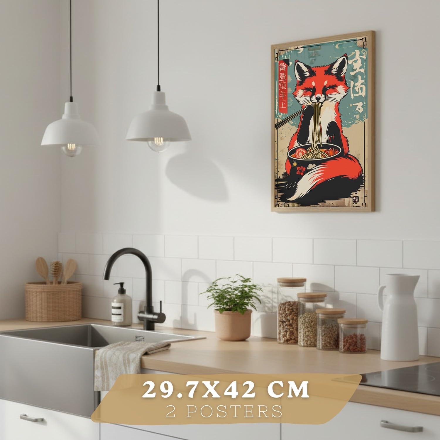Nacnic Set De 4 Láminas Animales Ramen Japonés Cuadros Cocina Gato Zorro Y Conejo Comiendo Noodles Póster Decoración Pared A3 Marco Madera Clara