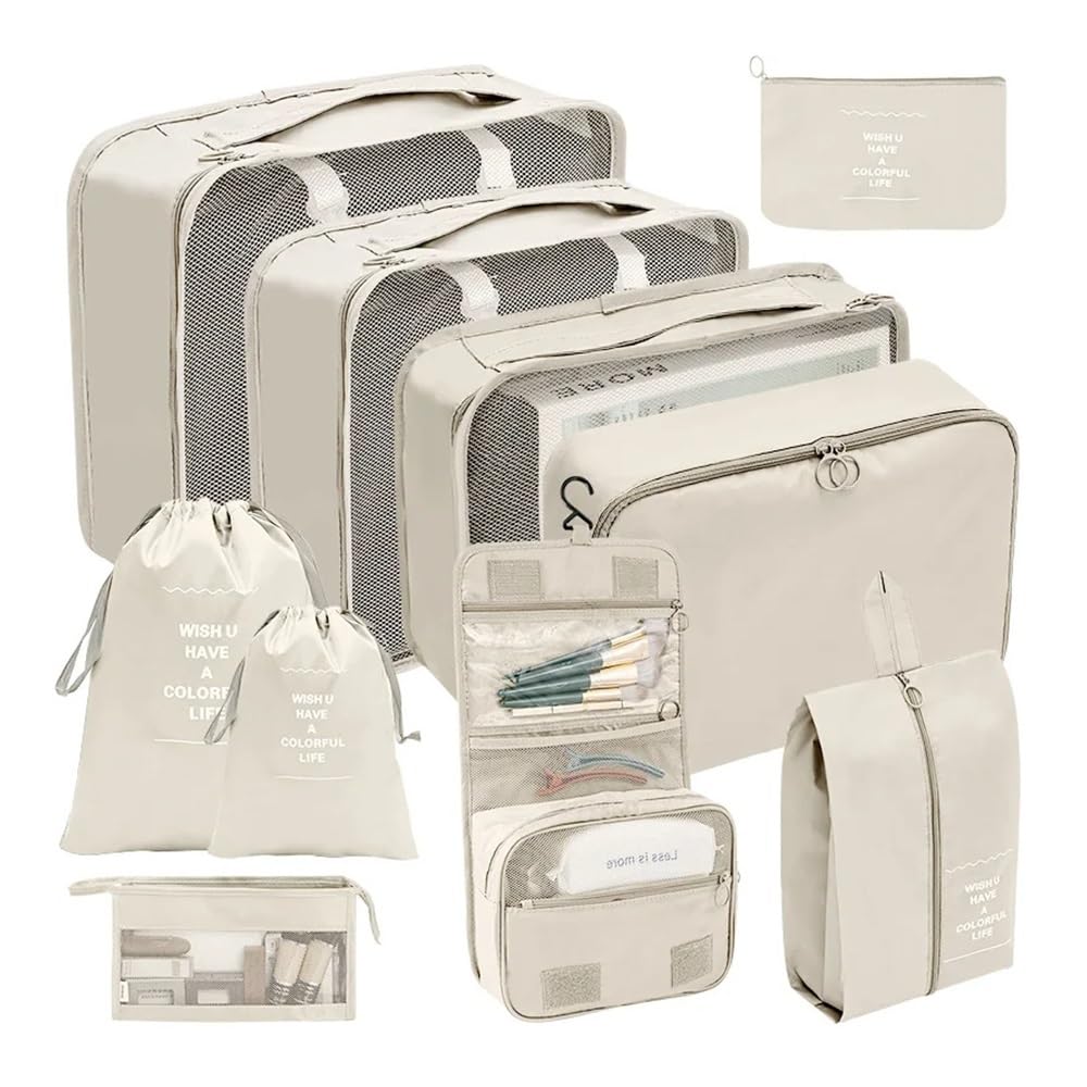Set da 7/8/9/10 pezzi organizer da viaggio, valigie, cubi, set di valigie, portatili, vestiti, scarpe, sacchetti pieghevoli (10 pezzi beige)