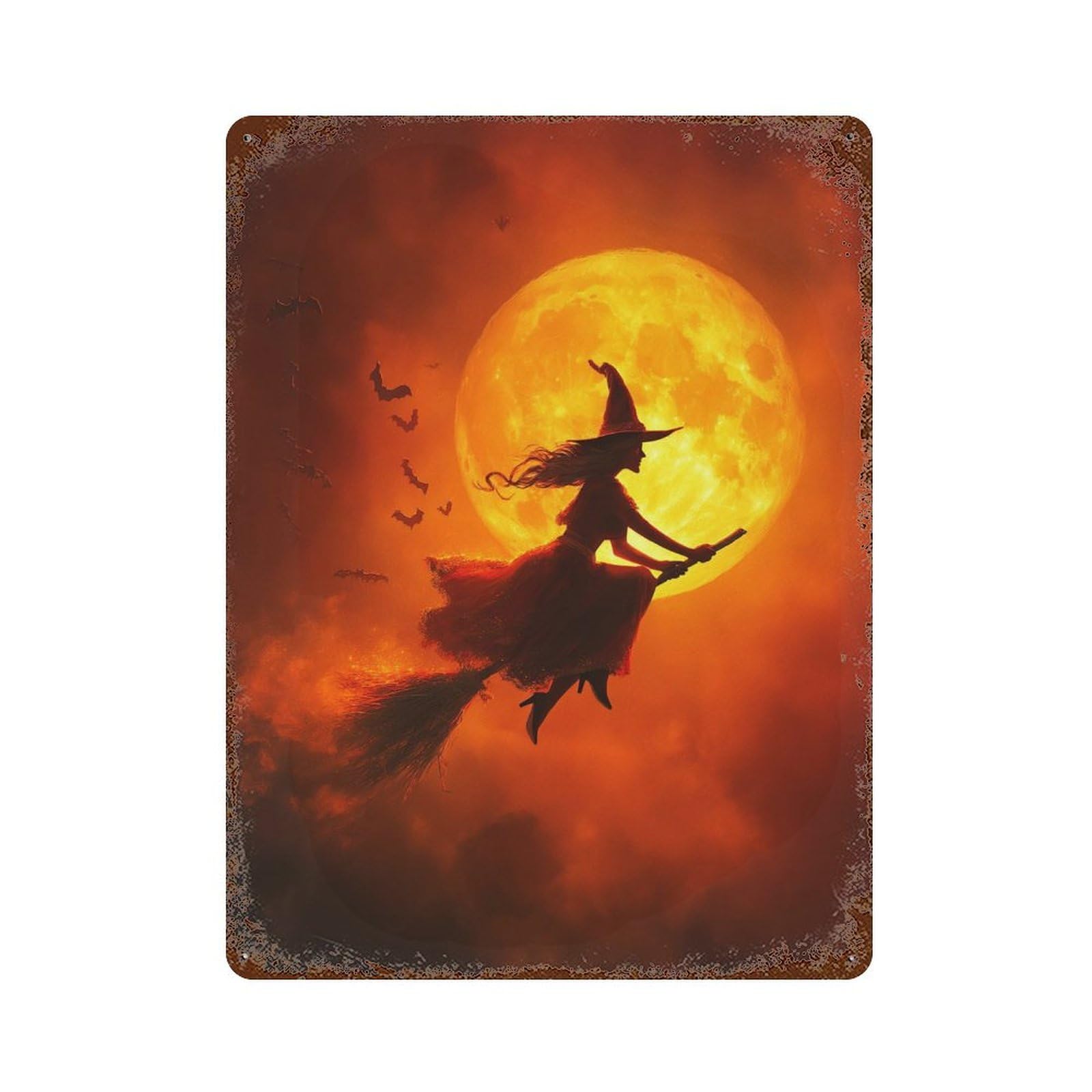 Rustic Tin Plaque with Witch Flying Broomstick Moonlight Design 15.7"x11.8", for Cafe, Home Bar And Lounge Decor, Novelty Wall Decor