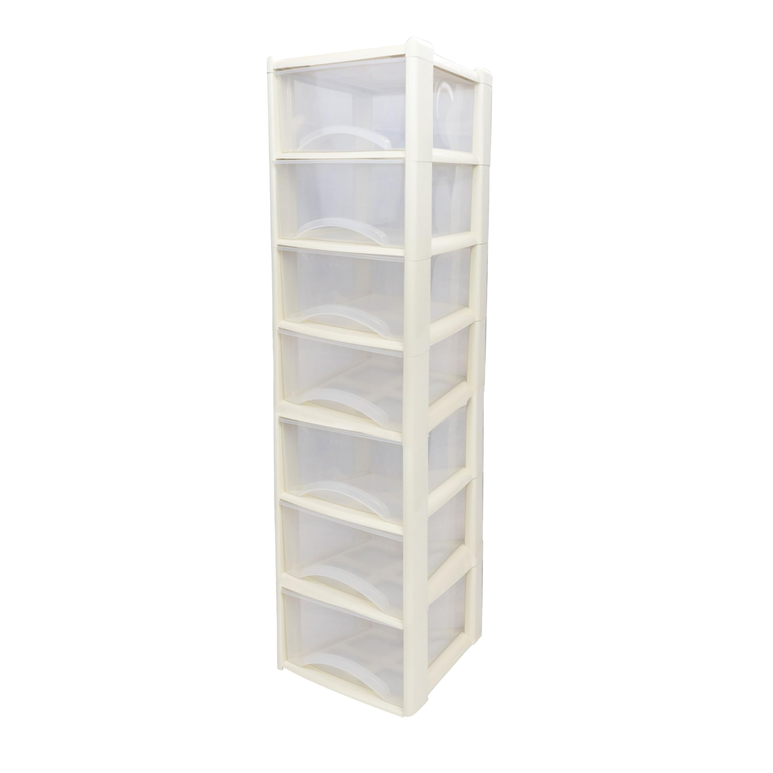 Neat. 7 Plastic Storage Drawers Unit with See-Through Drawers, Compact Vertical Design – Durable Plastic, Ideal for Organizing Office Crafts, and Household Items, 140cm x L39cm x W39cm -Cream