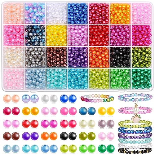 Audab 2240Pcs Pearl Beads for Jewelry Making 28 Colors Colored Pearl Beads for Bracelets Making 6mm Shiny Beads Small Round Pearl Bracelet Beads for Crafts Jewelry Making and for Bracelets Making