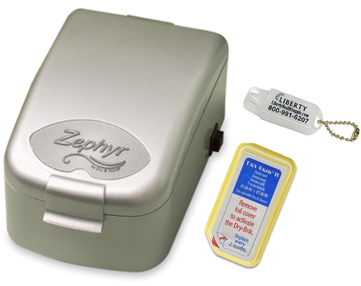 Zephyr Dry & Store Hearing Aid Dryer with Carrying Case and Liberty Hearing Aid Battery Keychain