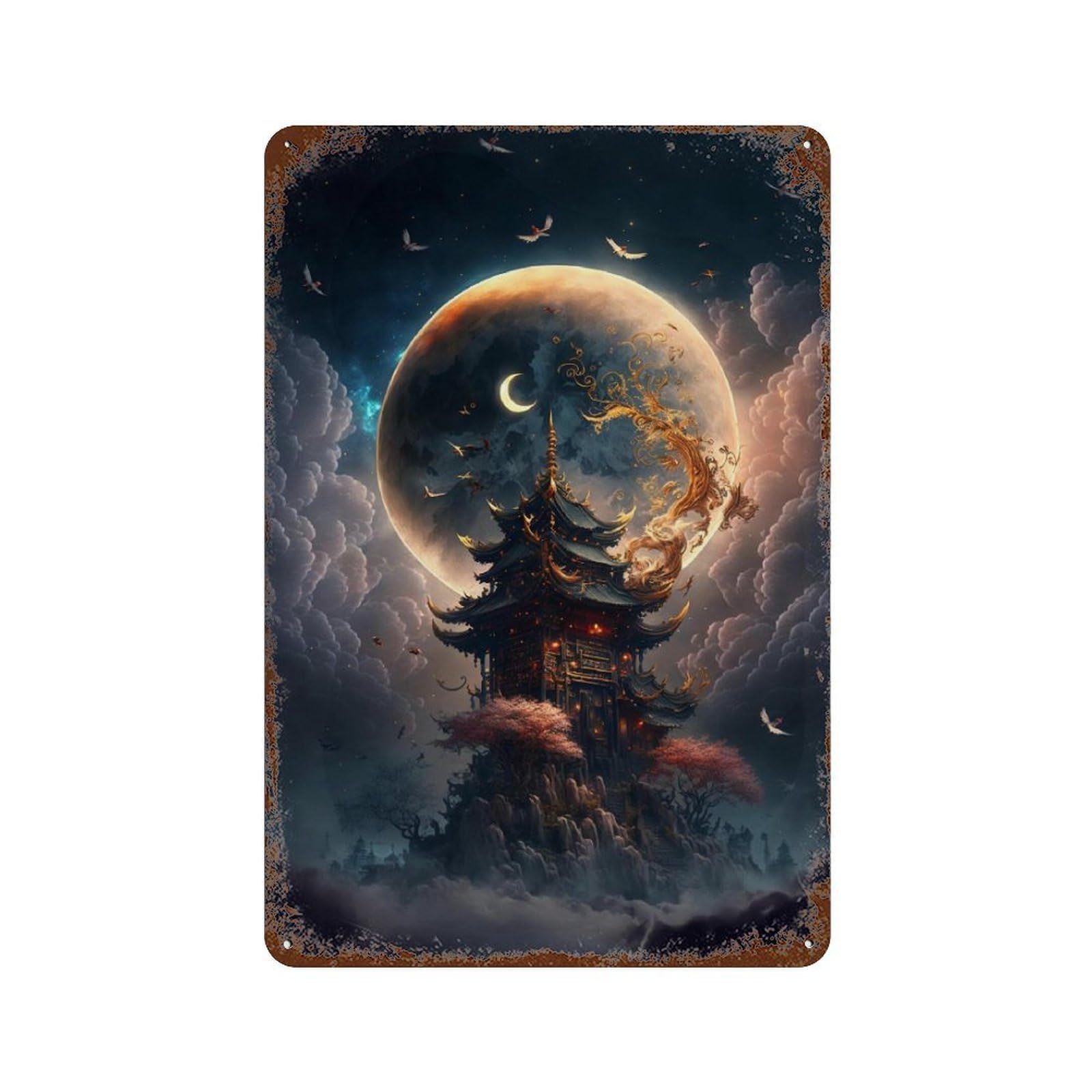 Enchanted Moonlit Pagoda Aged Metal Wall Plaque 11.8"x7.9", for Basement, Hobby Room And Garage Decor, Rustic Home Decor