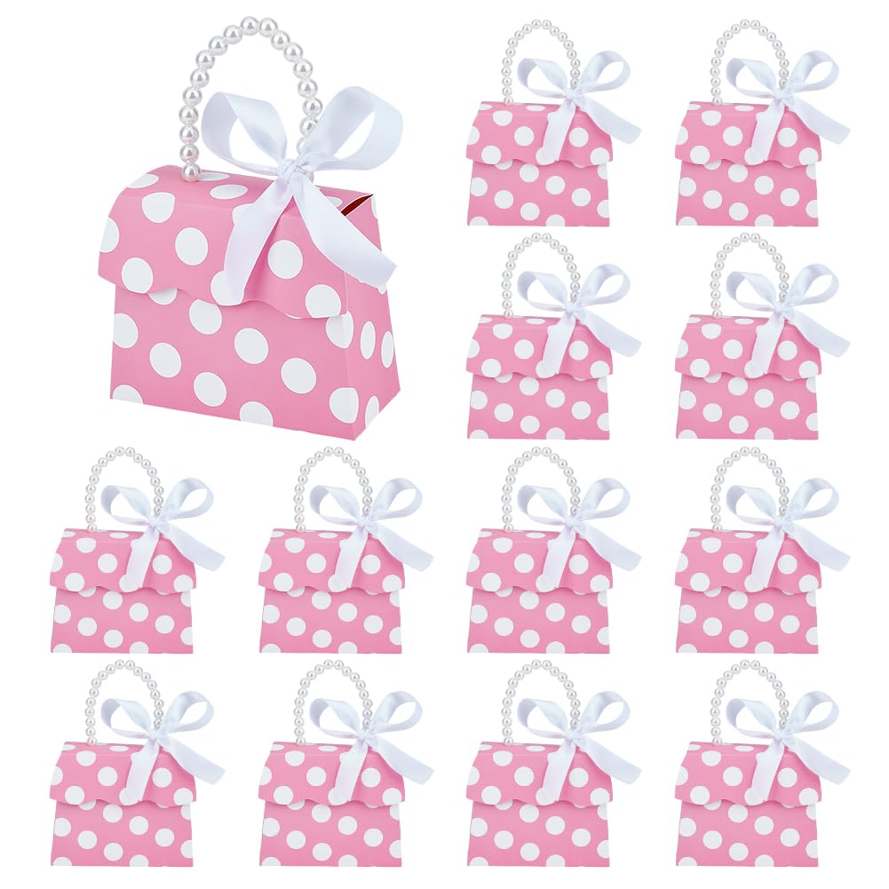 BENECREAT 16 set di Scatole di Bomboniere Rosa Fai Da Te, Scatola di Carta Kraft A Pois Bianchi Da 196x136x60mm con Manico In Madreperla, Confezioni Regalo per Compleanno, Favore Del Partito