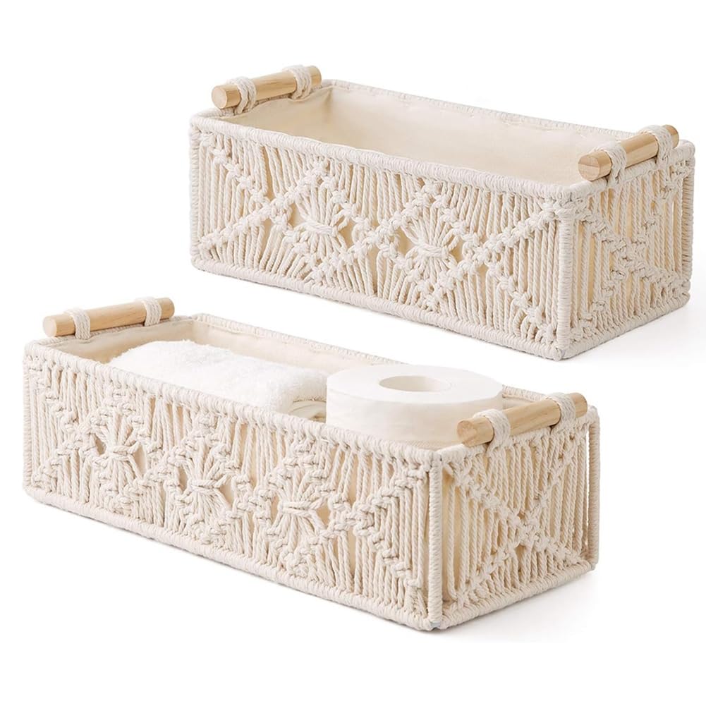 CTRLZS Handmade Woven Macrame Storage Baskets Set of 2 Boho Decor Countertop Toilet Tank Shelf Cabinet Organizer Box Lvory