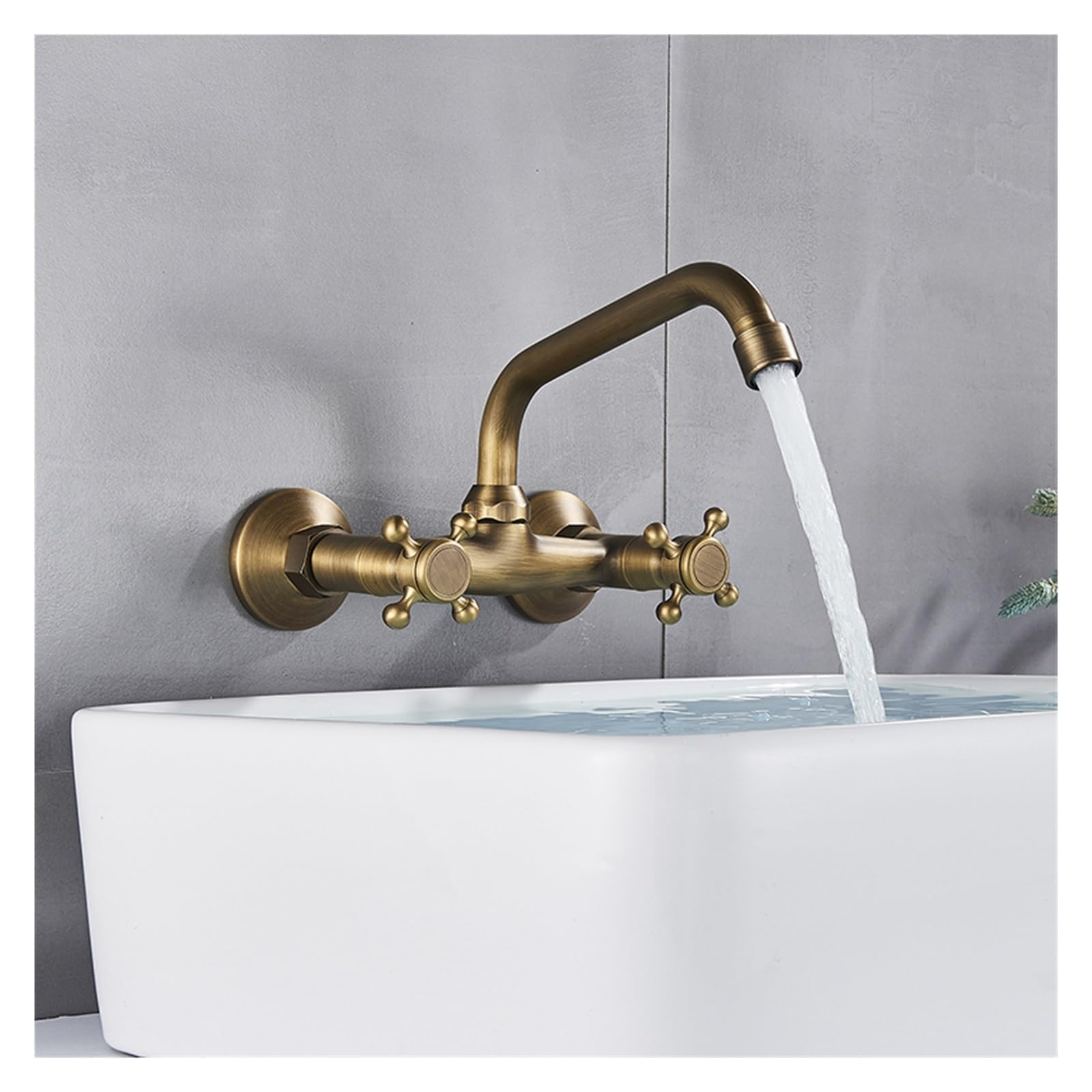 Robinet de Cuisine et Salle de Bains Mural, Robinet mitigeur de Cuisine à Double poignée en Laiton Antique, Robinet d'eau Chaude et Froide pivotant à 360 degrés(Antique Brass)